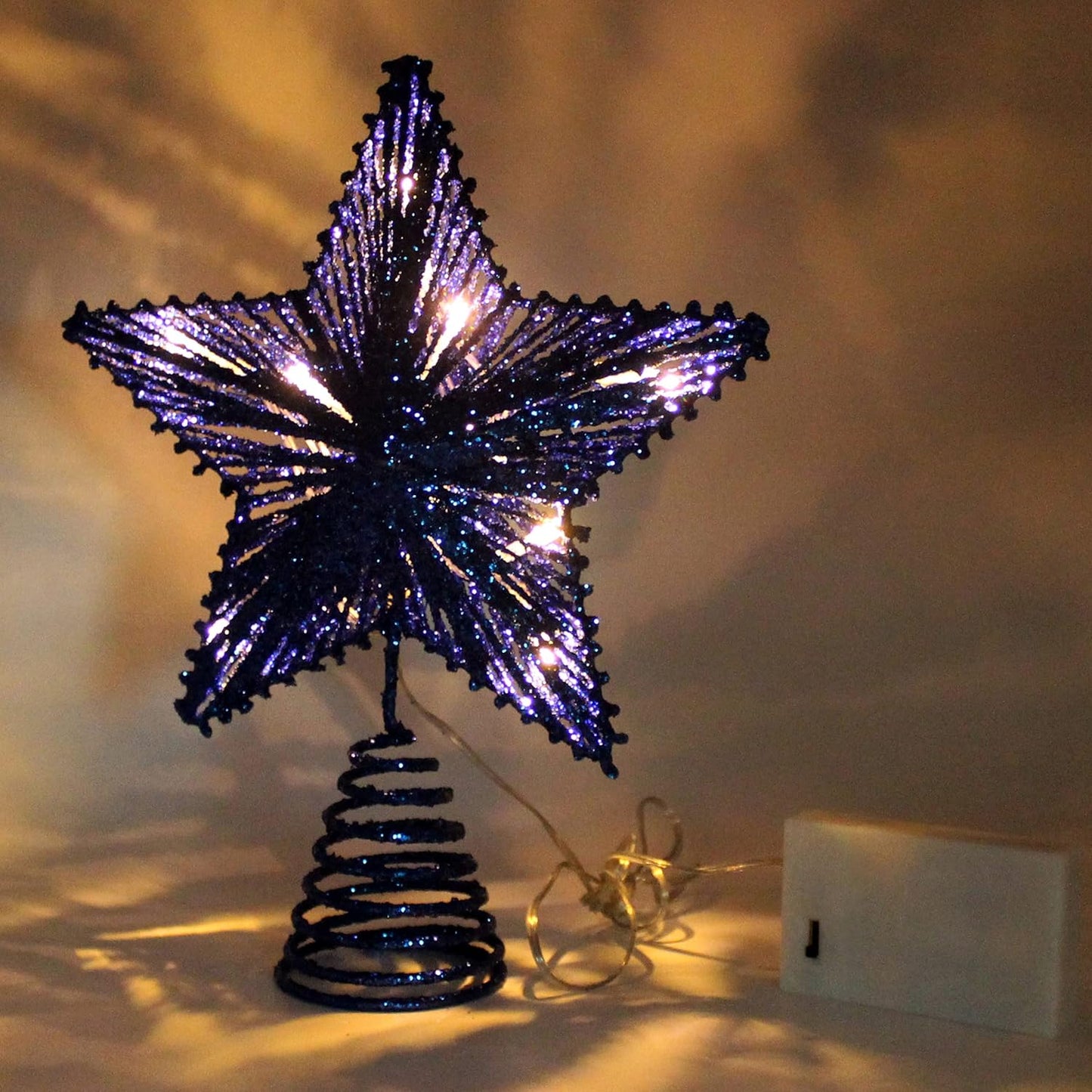 CVHOMEDECO. Blue Glittered 3D Tree Top Star with Warm White LED Lights and Timer for Christmas Ornaments and Holiday Seasonal Décor, 8 x 10 Inch