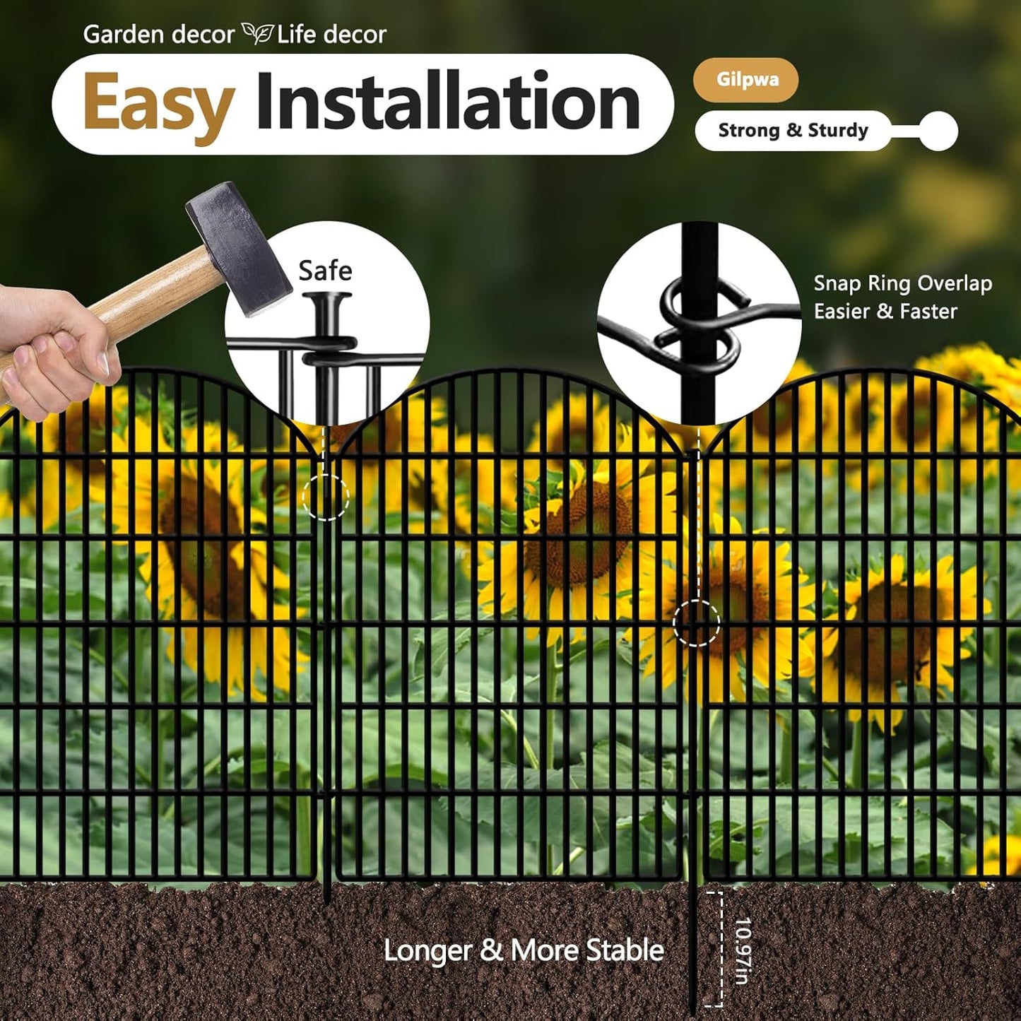 10 Panels Decorative Garden Fence, 40in (H) X 21.92ft (L) No Dig Dog Fences Outdoor for Yard, Rustproof Tall Metal Fencing Panels, Animal Barrier Suitable for Yards Border, Patio, and Outdoor Use