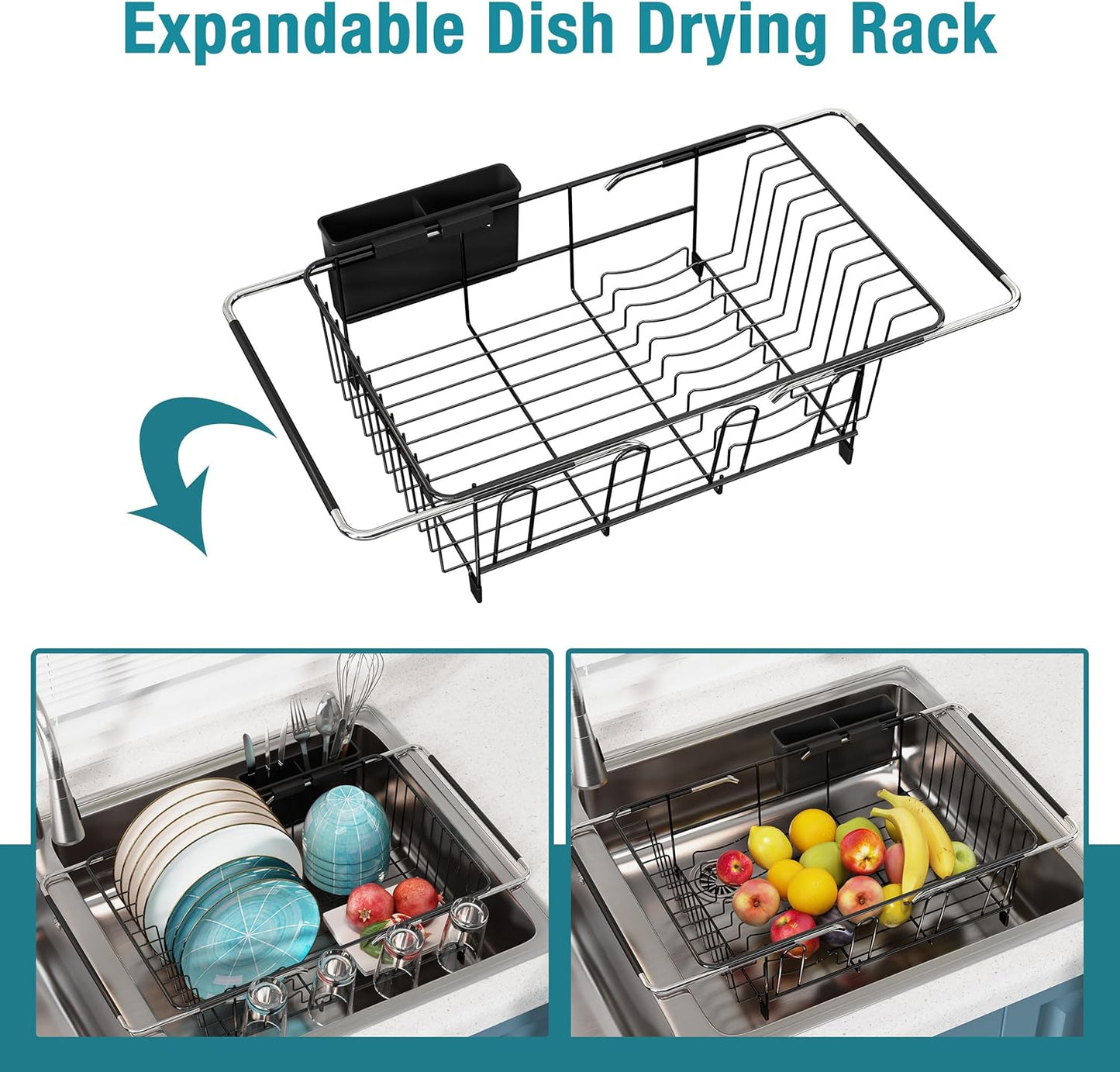 Dish Drying Rack in Sink, Over The Sink Colander Strainer Basket, Stainless Steel Strainer Basket with Expandable Rubber Grip Handles for Vegetables, Fruits, Home Kitchen Essentials, Black