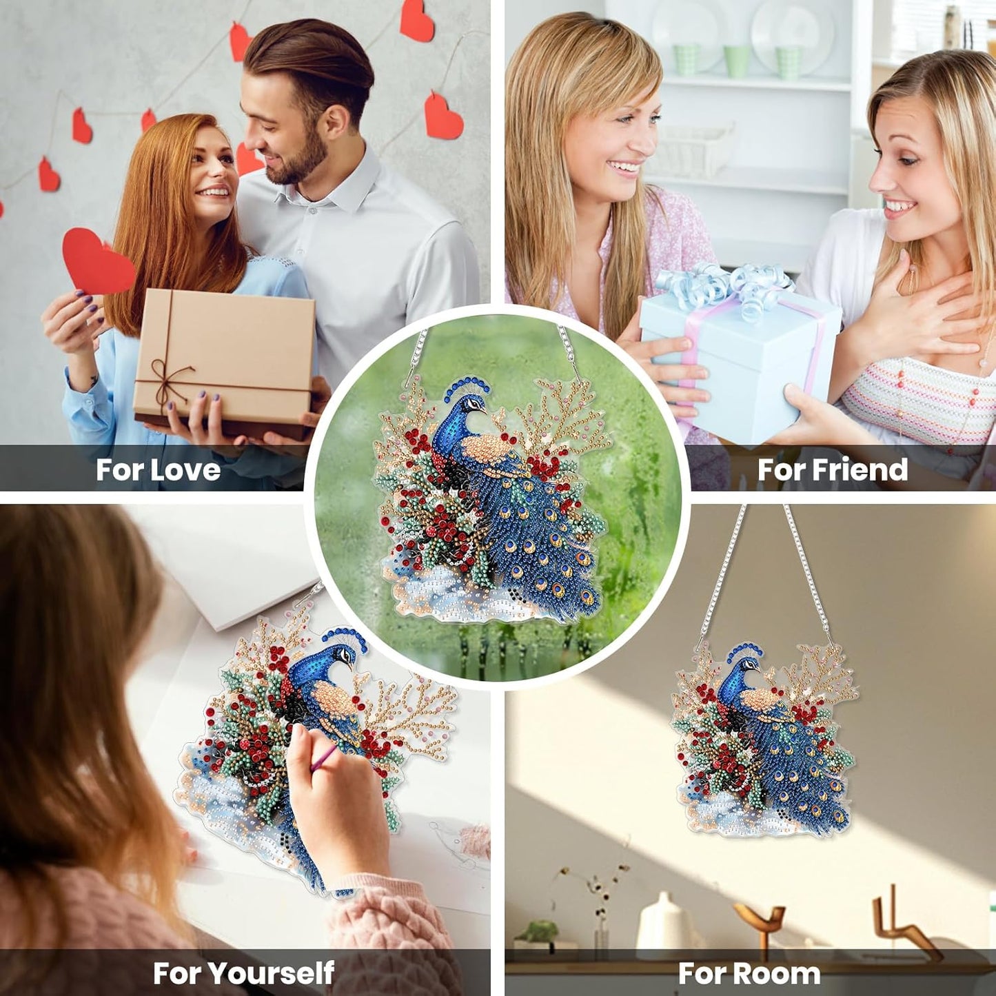 EOBROMD Diamond Hanging Art Kits for Adults, Peacock Flower Diamond Art Painting Suncatcher, DIY Special Shaped Rhinestone Kits for Adults, Window Pendants Home Garden Wall Hanging Ornament