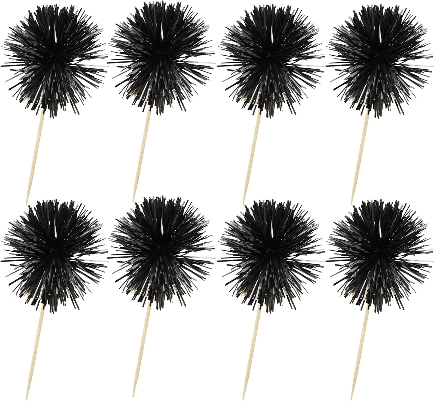 Ephlyn 30Pcs Foil Firework Cupcake Toppers Sparkle Tinsel Cupcake Picks Happy Birthday Cake Decorations Drink Stirrers Cocktail Food Fruit Toothpicks for Baby Shower Graduation Party Supplies Black