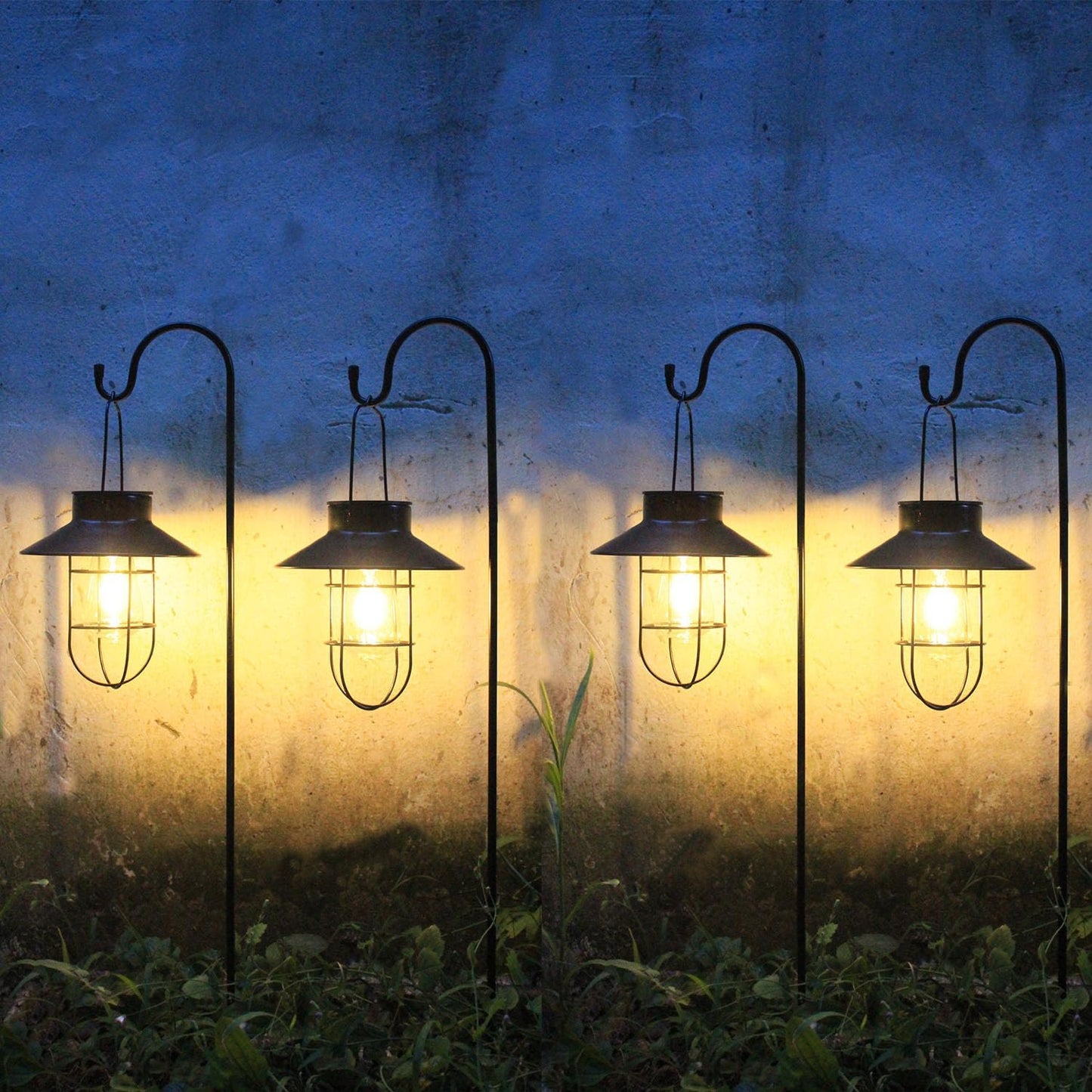 4 Pack Hanging Solar Lantern Lights with Shepherd Hook, Metal Waterproof Warm White Edison Bulb Lights for Garden Outdoor Pathway