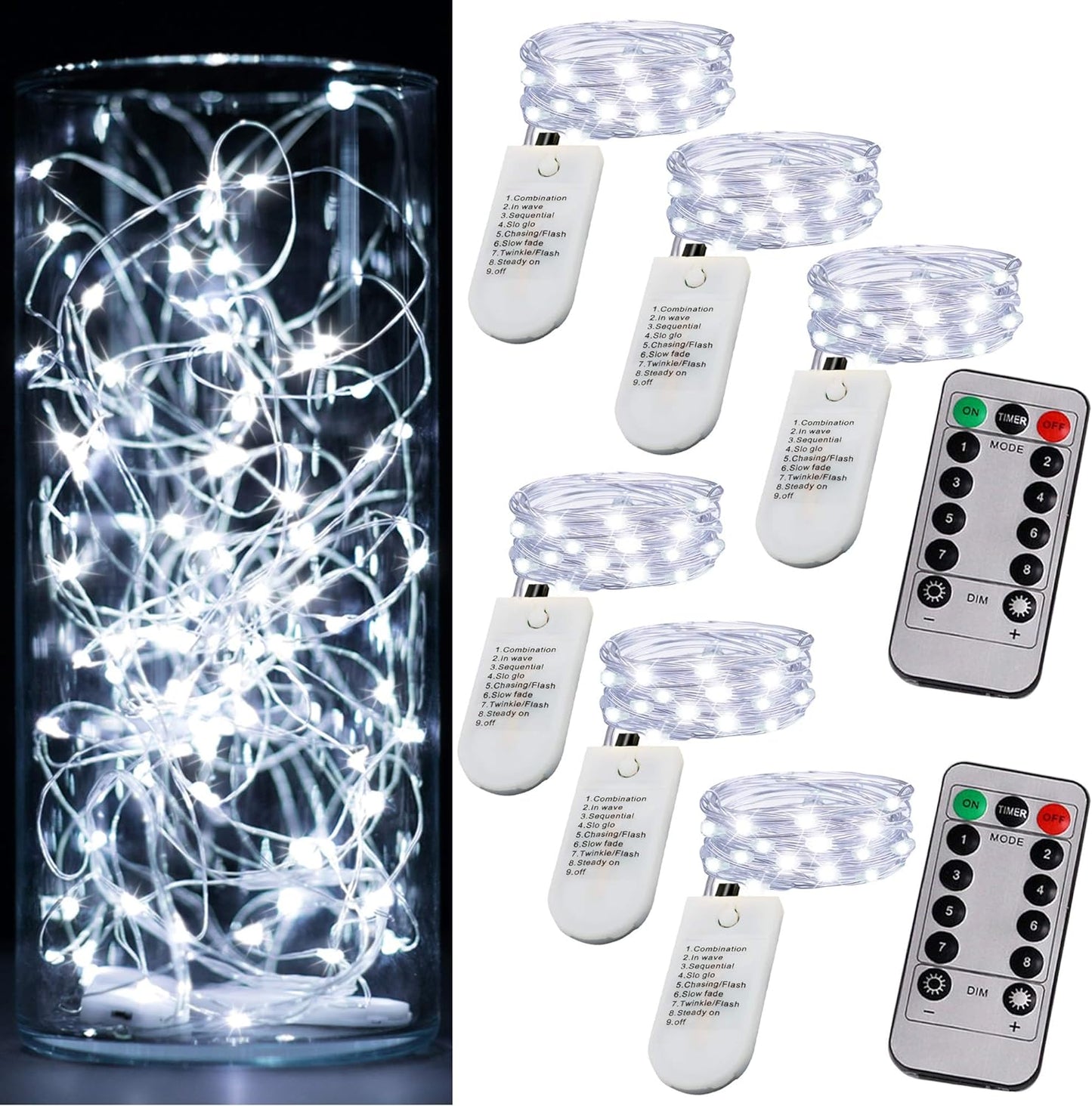 6 Pack Fairy Lights Battery Operated Mini String Lights with Timer 2PCS Remote 6.5ft 20LED Cool White Firefly Lights Waterproof Silver Wire Twinkle Lights DIY Mason Jar Wedding Party Christmas Decor