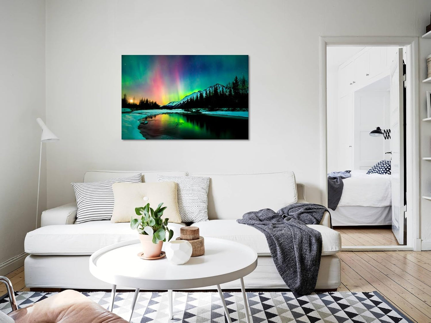 Aurora Borealis Canvas Wall Art Northern Lights Canvas Print Painting for Living Room Snowy-Mountains-Landscape Poster Picture Wooden Framed Prints Ready to Hang (24.00"x36.00")