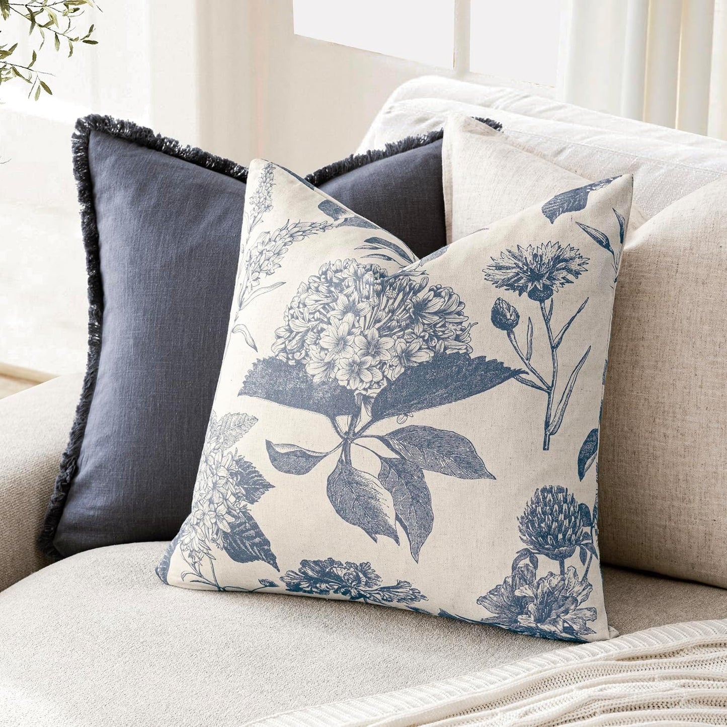 Foindtower Set of 2 Linen Floral Vintage Throw Pillow Covers Neutral Accent Print Decorative Cushion Covers Farmhouse Boho Home Decor for Sofa Chair Couch Bedroom Living Room Outdoor,18×18 Inch,Blue