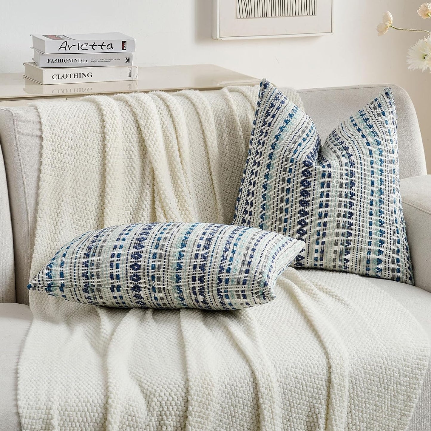 FUTEI Blue Grey Decorative Throw Pillow Covers 12x20 Inch Set of 2,Soft Cozy Chenille Jacquard Textured Pillow Case,Boho Home Decor for Couch Bed Living Room