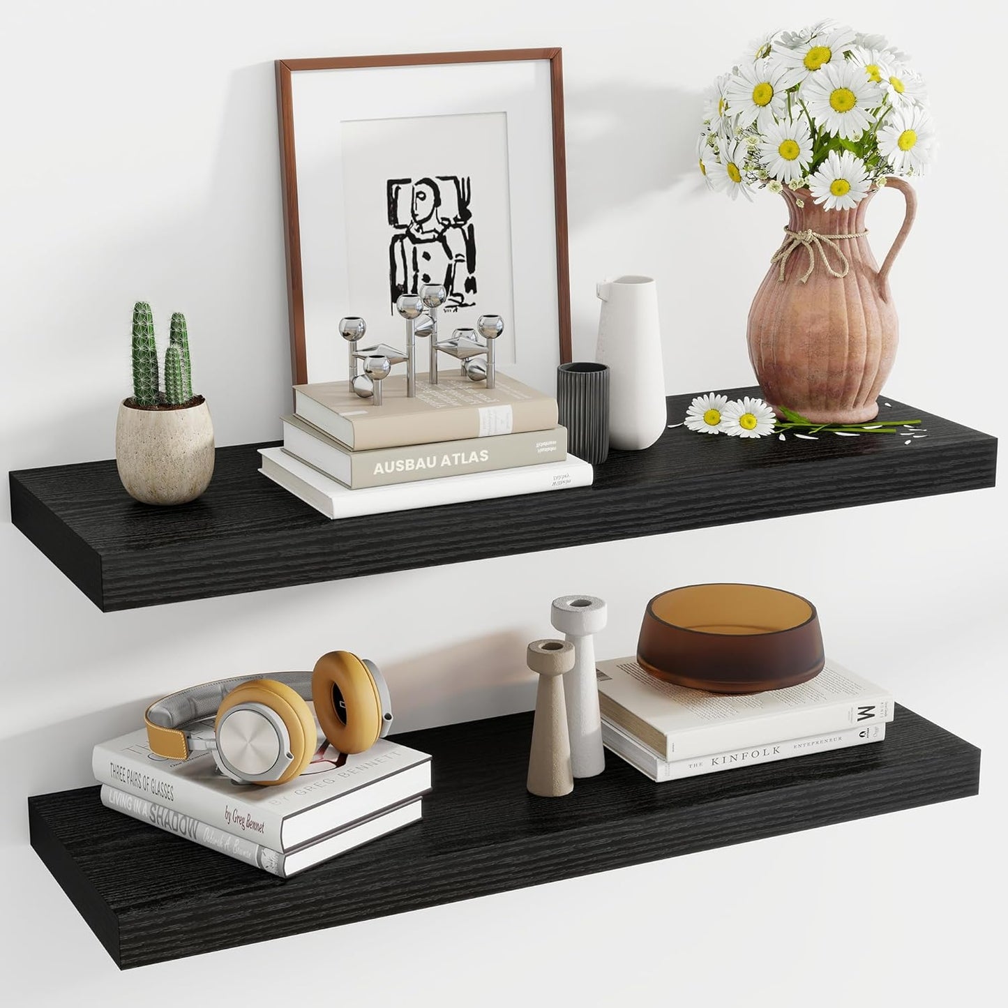 36 Inch Floating Shelves, 12 Inch Deep Floating Shelves for Wall, Floating Shelf with Invisible Brackets, Deep Shelves for Bathroom, Bedroom, Living Room, 2 Pack, Black