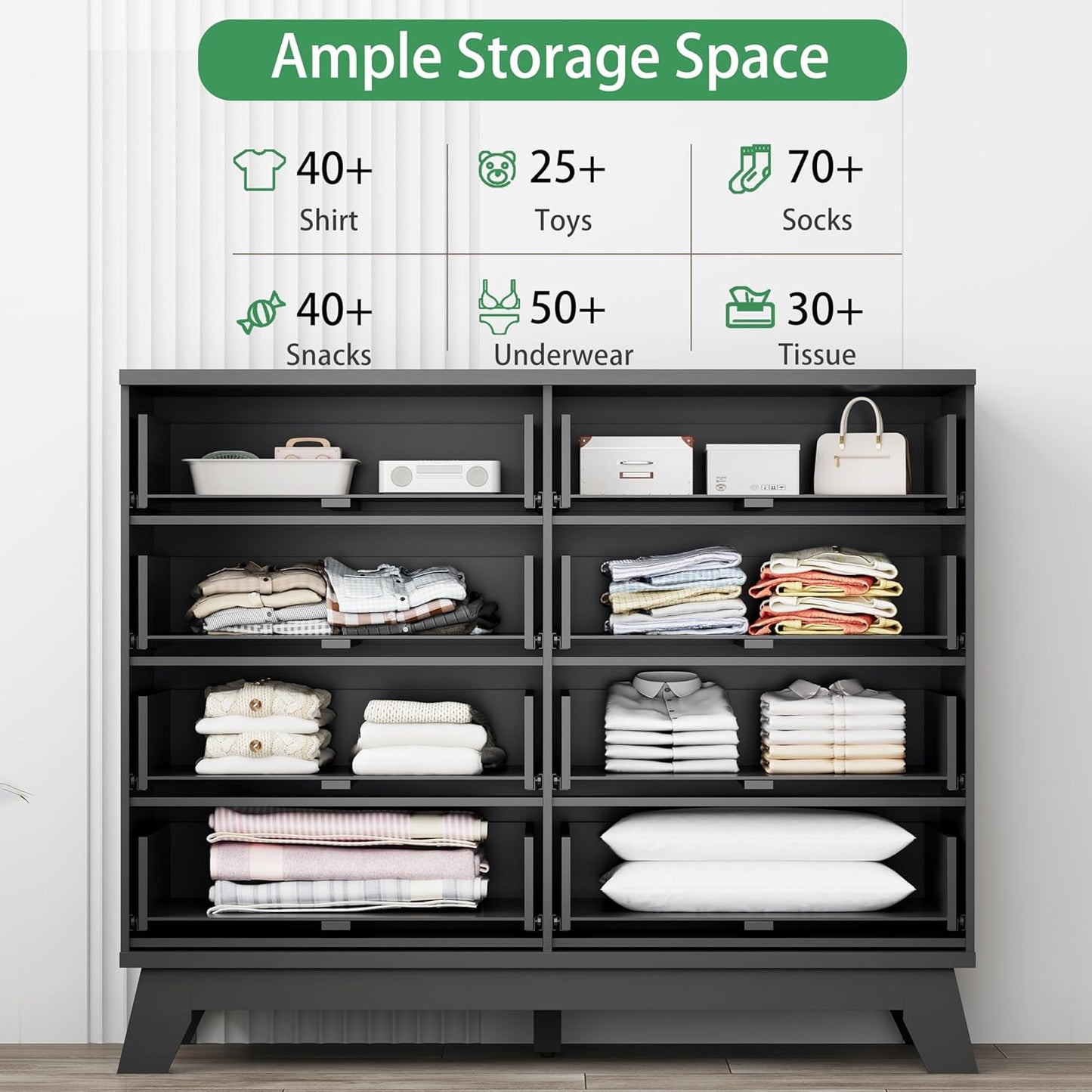 Fluted Dresser for Bedroom with 8 Drawers, 48" Wide Modern Chest of Drawers with Metal Handle, Wooden Dresser TV Stand, Wood Closet Clothes Storage Drawer Organizer for Living Room, Hallway, Black