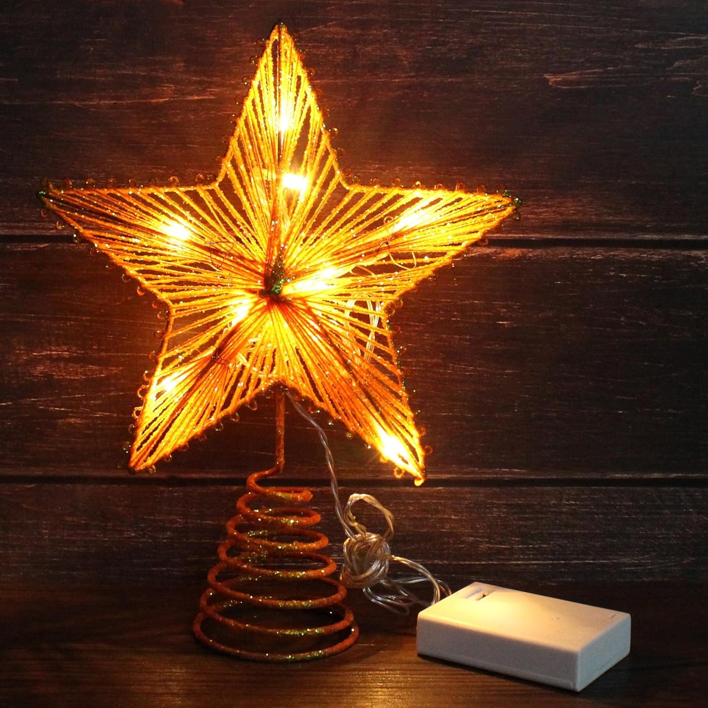 CVHOMEDECO. Champagne Glittered 3D Tree Top Star with Warm White LED Lights and Timer for Christmas Tree Topper Decoration and Holiday Seasonal Décor, 8 x 10 Inch