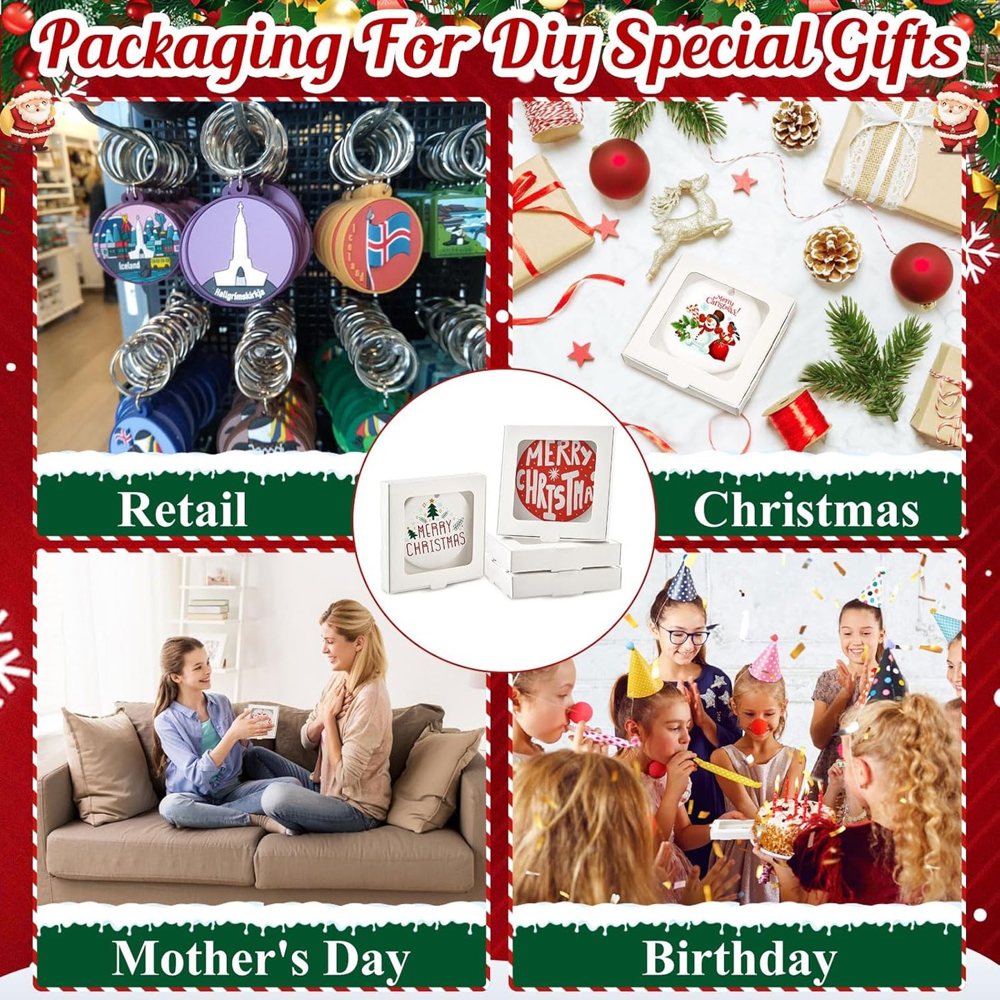 50 Pcs Sublimation Ornament Blanks Box 3.6"x3.6"x0.7" Christmas Ornaments Holder Ceramic Discs Packaging Box with Window for Personalized Xmas Tree Blanks Bulk (White)