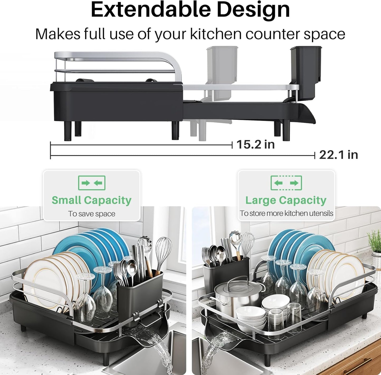 Dish Drying Rack, Expandable Dish Rack for Kitchen Counter, Stainless Steel Dish Drainer with Drainboard Set and Utensil Holder (Black)