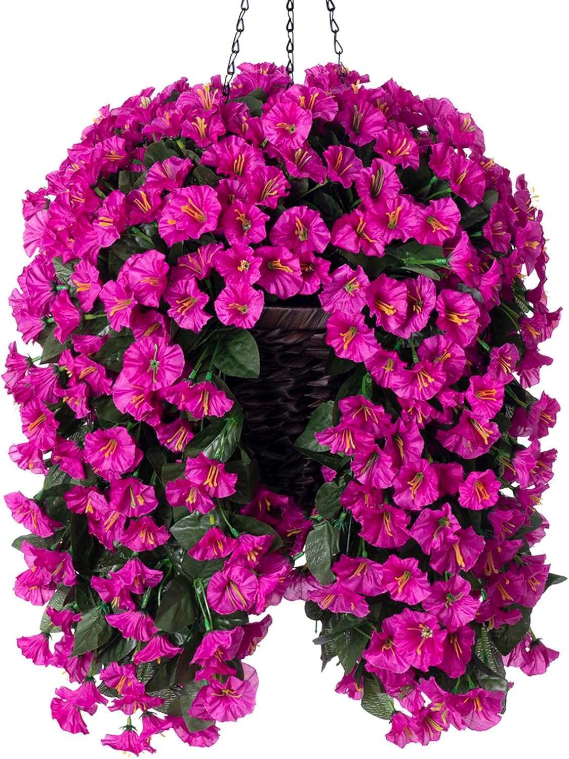 Artificial Fake Hanging Flowers Plants Baskets for Outdoor Outside Decoration, Faux Silk UV Resistant Realistic Fuchsia Morning Glory Planter for Home Porch Patio Balcony Garden Yard