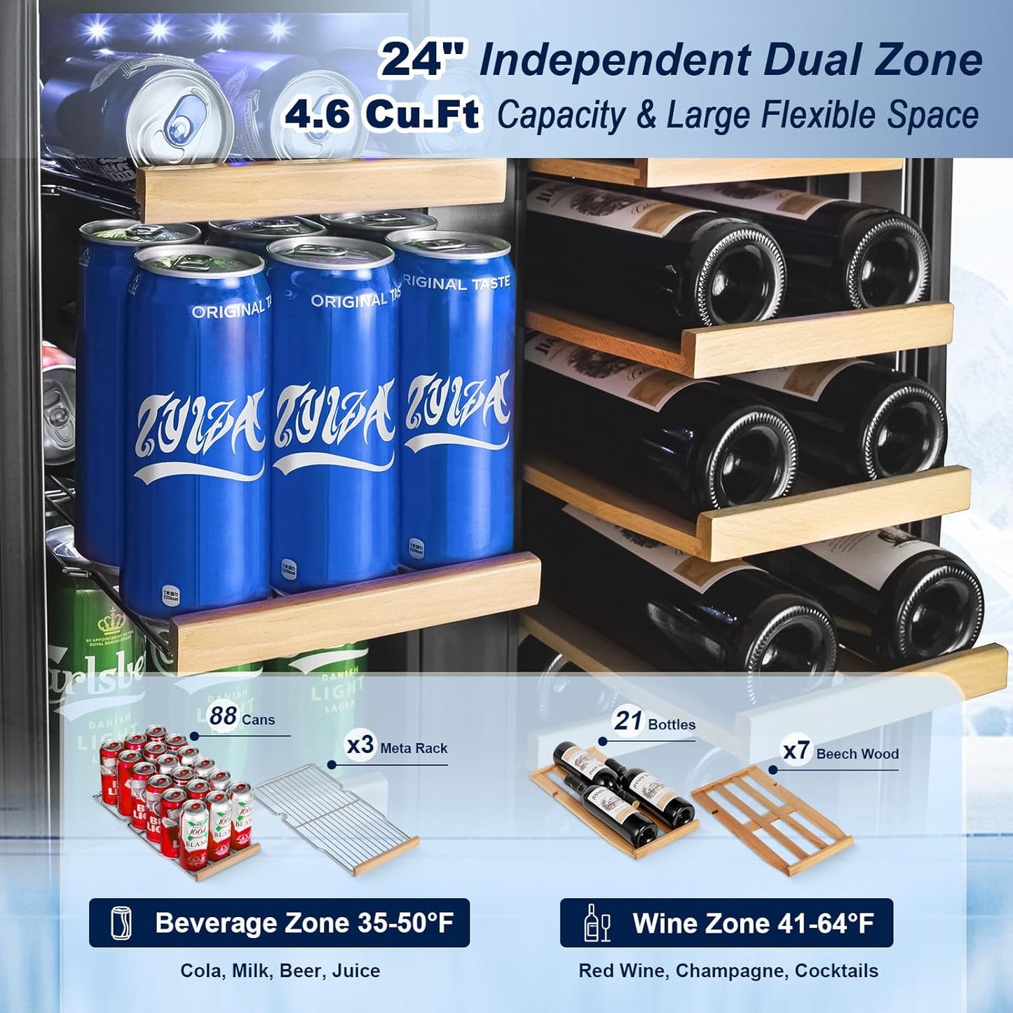 Wine and Beverage Refrigerator with Glass Door, 24-Inch Dual Zone Wine Fridge Under-Counter,4.6 Cu.Ft. 65 Cans and 20 Bottles Wine Cooler,Built-in or Freestanding Wine and Drink Fridge with Blue Light