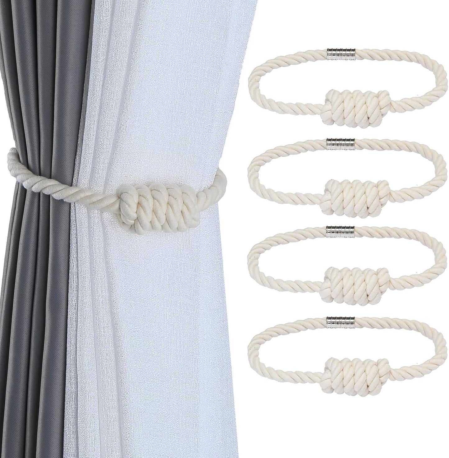 Fenghuangwu 4Pack Magnetic Curtain Tiebacks – Bohemian Style Handmade Woven Tie-Backs for Drapes,Elegant Exquisite Knot Holdbacks,Outdoor Boho & Modern Home Decor-Cotton