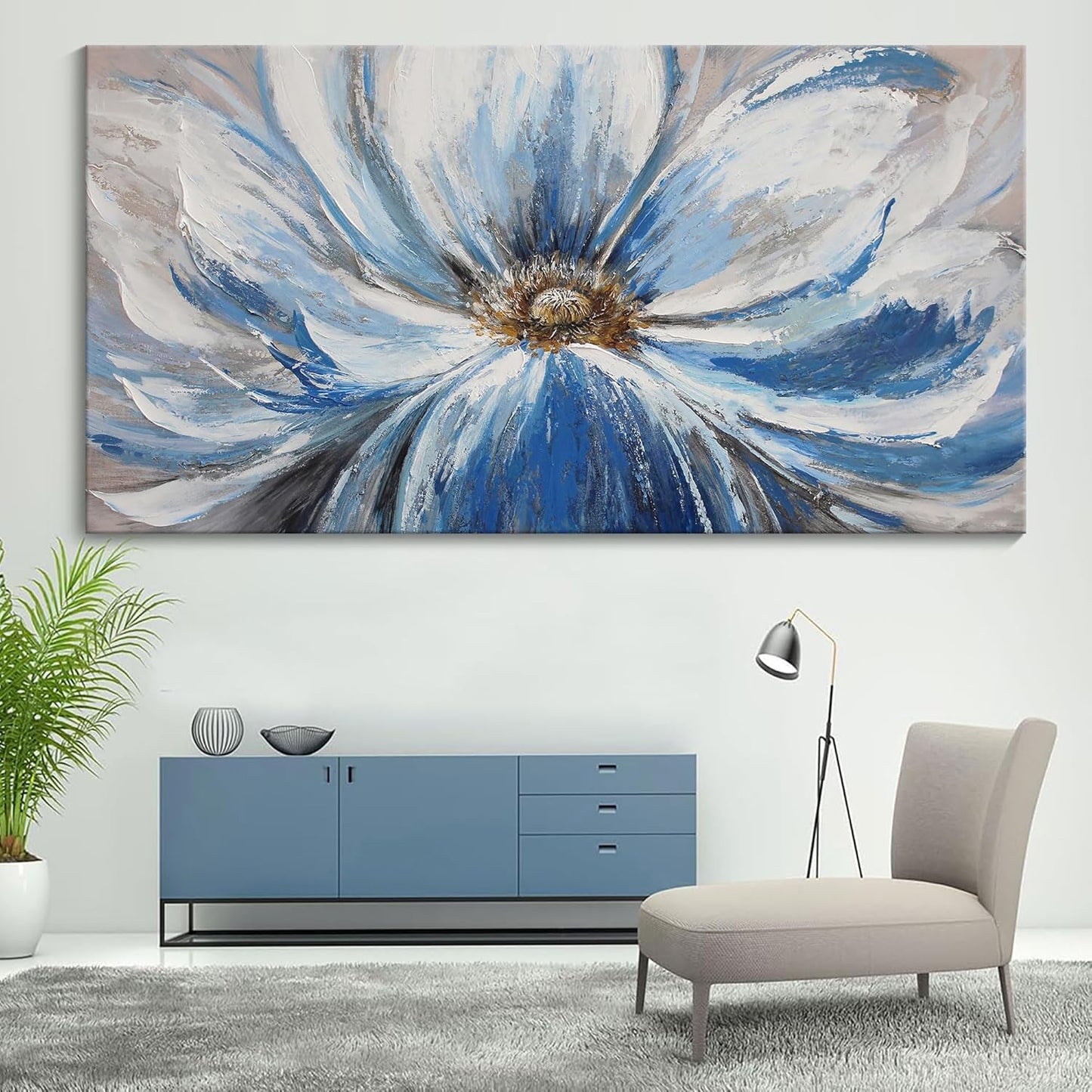 Flower Canvas Wall Art for Living Room Large White Blue Flower Picture Giclee Print Painting Wall Decor Framed Artwork Ready to Hang for Home Bedroom Wall Decoration Size 20x40
