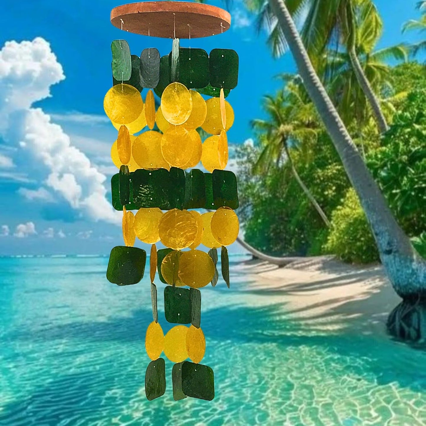Bellaa 24896 Wind Chimes Outdoor, Garden Decorations, Musical, Indoor/Outside Windchimes, Beach, Ocean Breeze, Gifts for Mom, Gift for All Occasions, Capiz Sea Glass Shells Wood Yellow Green