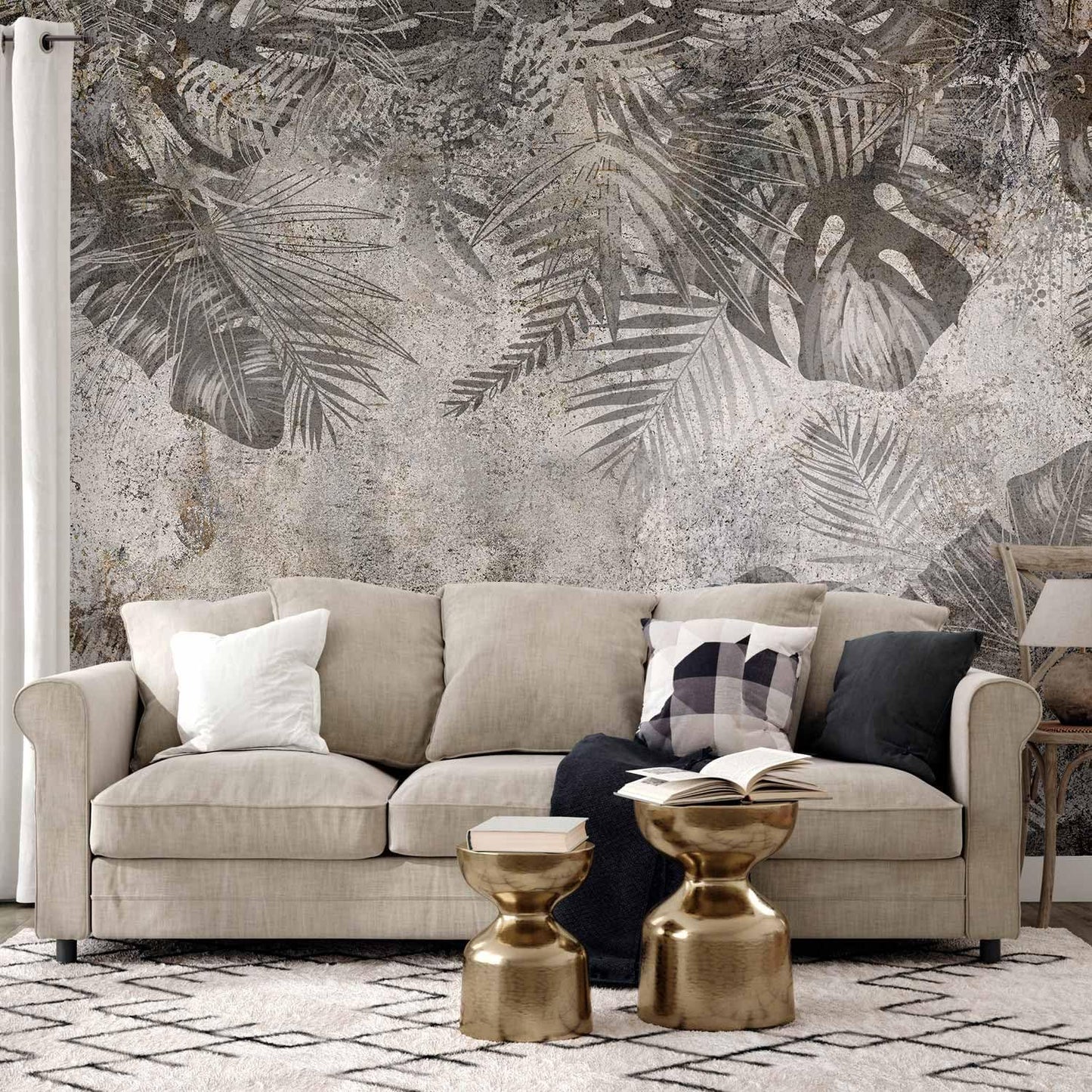 artgeist Premium Wall Mural Tropical Leaves 118x83 in - XXL Non-Woven Wallpaper Fleece Wall Decor Photo Print Picture Image Design Landscape Palms Leaves Monstera Grey b-C-0825-a-a