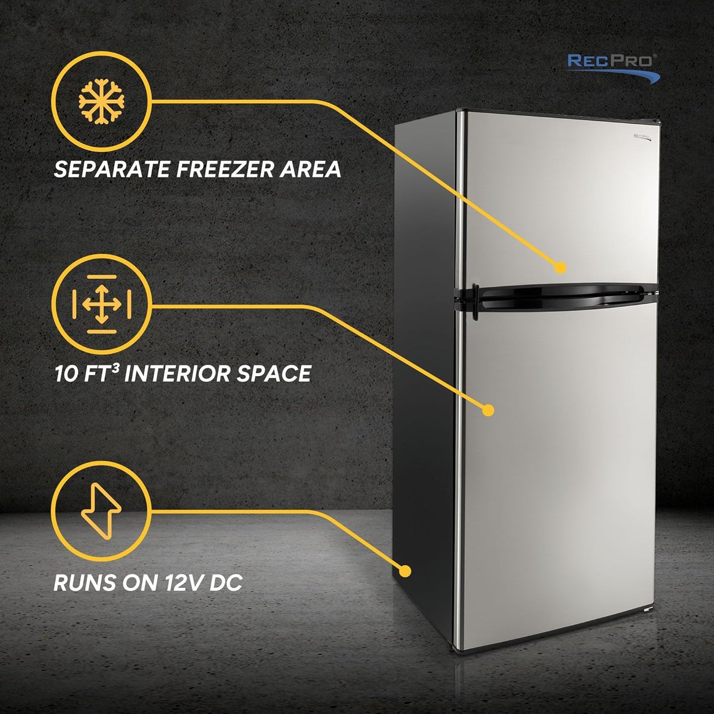 RecPro 10 Cu Ft 12V RV Refrigerator | Black Frost-Free Fridge with Freezer | Double Door, Adjustable Shelves, Reversible Door, Built-In Lock | 23.5”W x 26”D x 59”H | Off-Grid & Dry Camping Ready