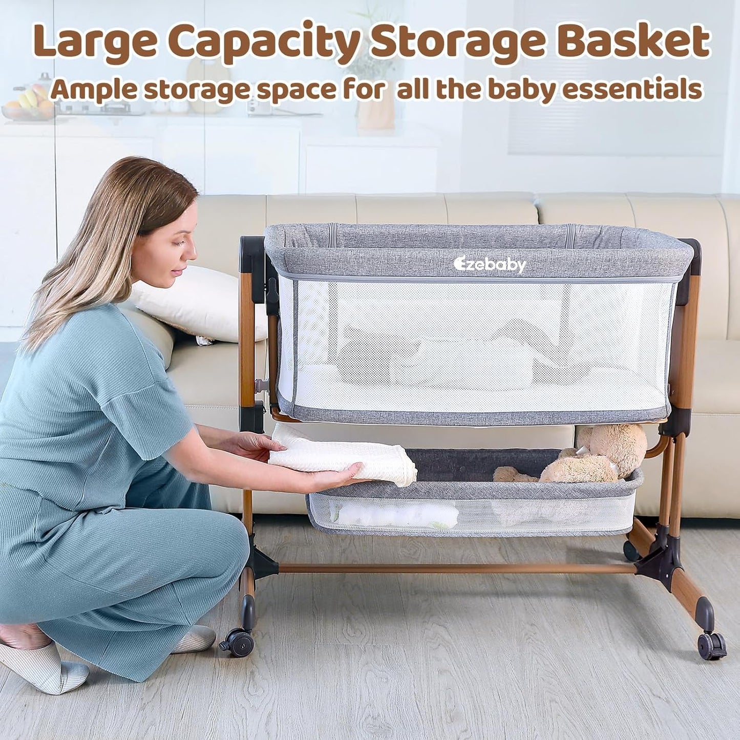 Ezebaby 3-in-1 Baby Bassinet, Rocking Baby Bassinets Bedside Sleeper, Adjustable Portable Crib for Newborn Infant with Wheels Storage Basket and Mesh Sides