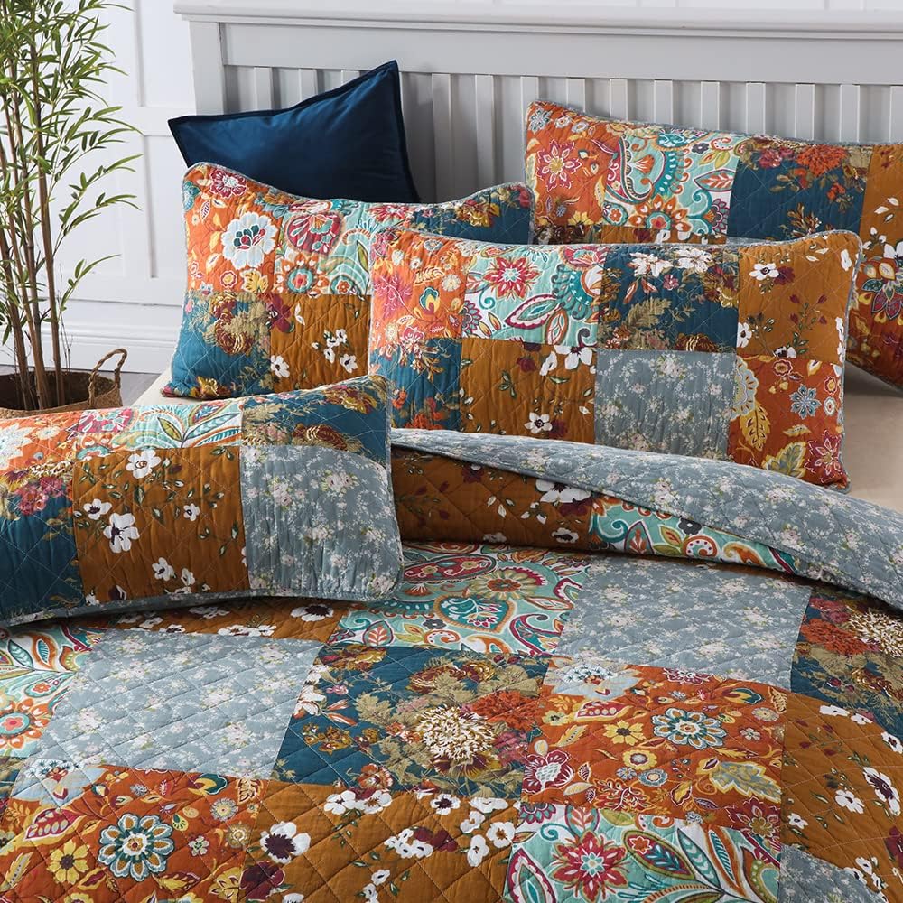 Autumn Dream Cotton Bedspread Quilt Sets Reversible Bedding Coverlet Sets Comforter, Paisley Floral Patchwork Yellow Grey Bedspread, Queen Size