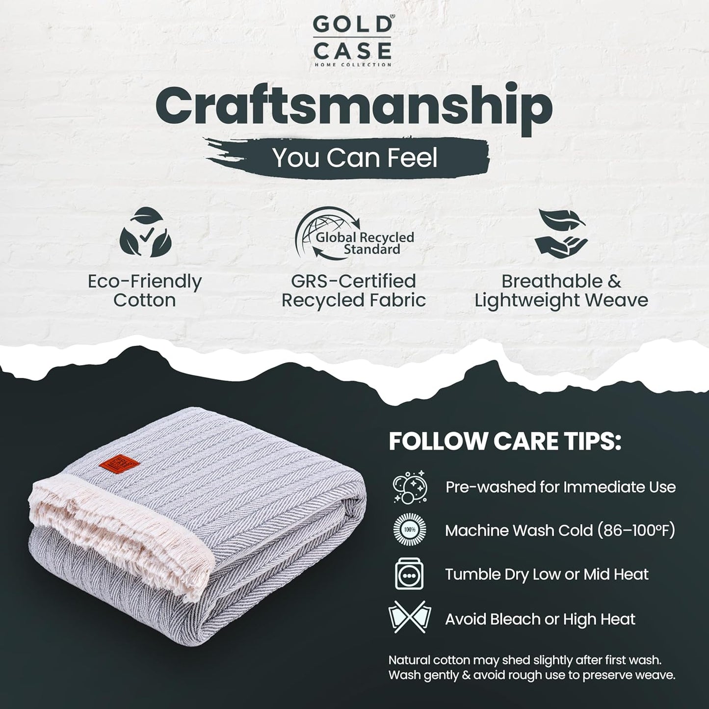 Gold Case Throw Blanket for Bed – 100% Recycled Turkish Cotton Bed Blanket – Decorative Throw Cotton Blankets for Living Room & Bedroom – Vintage Grey Woven Queen Blankets – 90x90