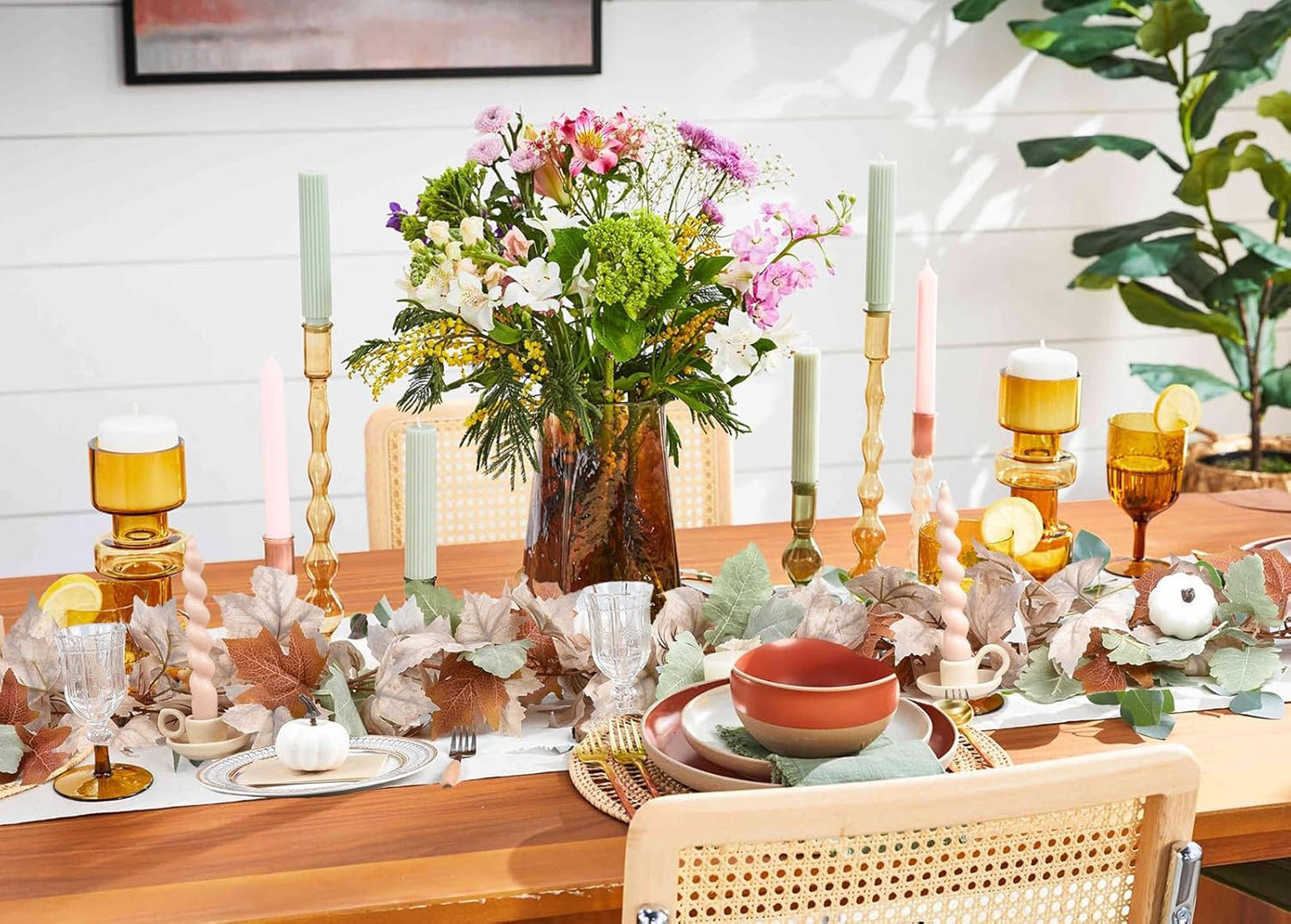 DearHouse 2 Pack Fall Maple Leaf Hanging Vine Garland Artificial Autumn Foliage Thanksgiving Decor for Home Wedding Fireplace Party Christmas (White&Green)