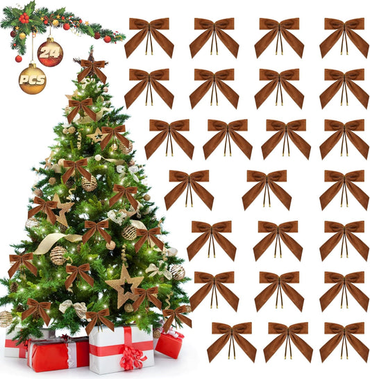 Camel Velvet Bows for Christmas Tree Decorations, 24 Pcs Premium Velvet Ribbon Bows, Christmas Tree Ornaments for Xmas Wreaths, Gift Toppers & Holiday Home Decor(1" Width, 3.5x3.5 Inch)