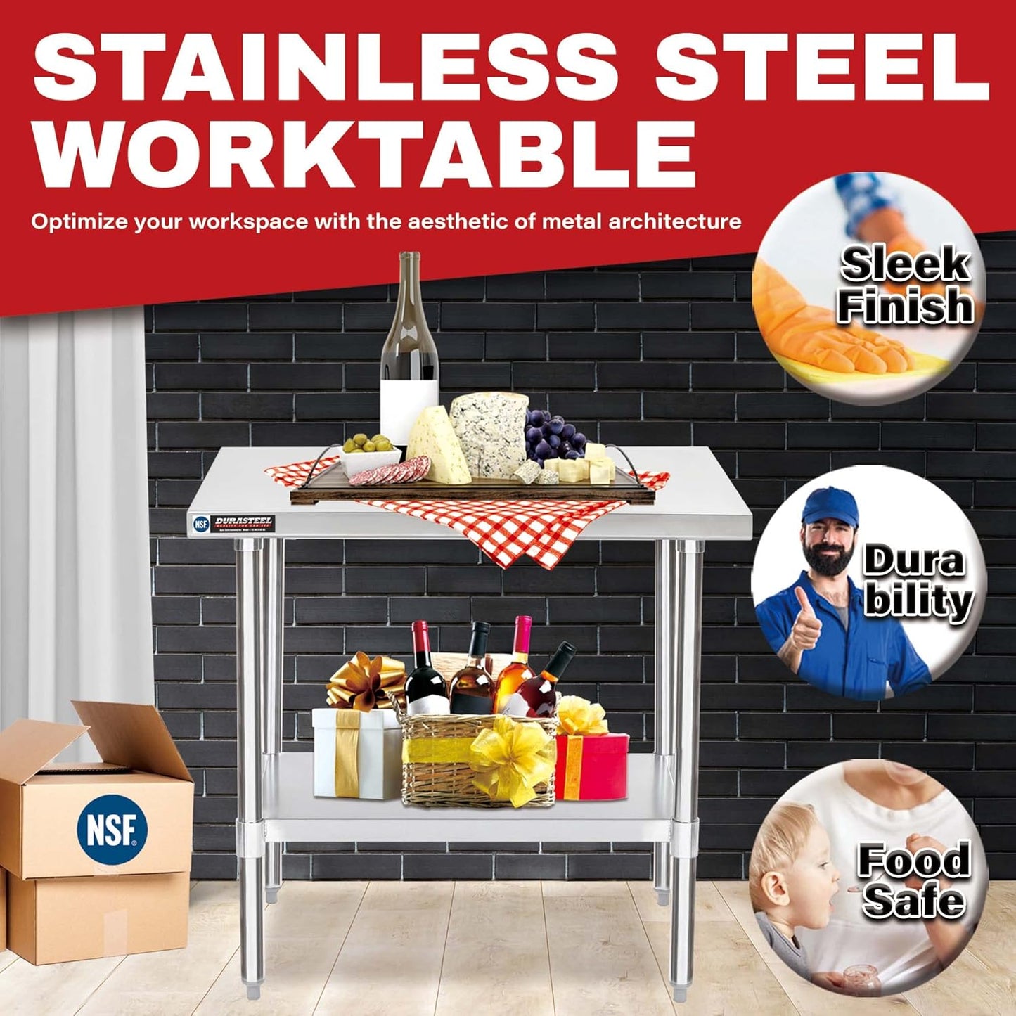 DuraSteel 24x36 Stainless Steel Work Table - NSF Commercial Prep Metal Table - Outdoor Pizza Oven Stand w/Under Shelf - Kitchen Island Laundry Utility Garage Microwave Stand Large Rolling Storage Cart