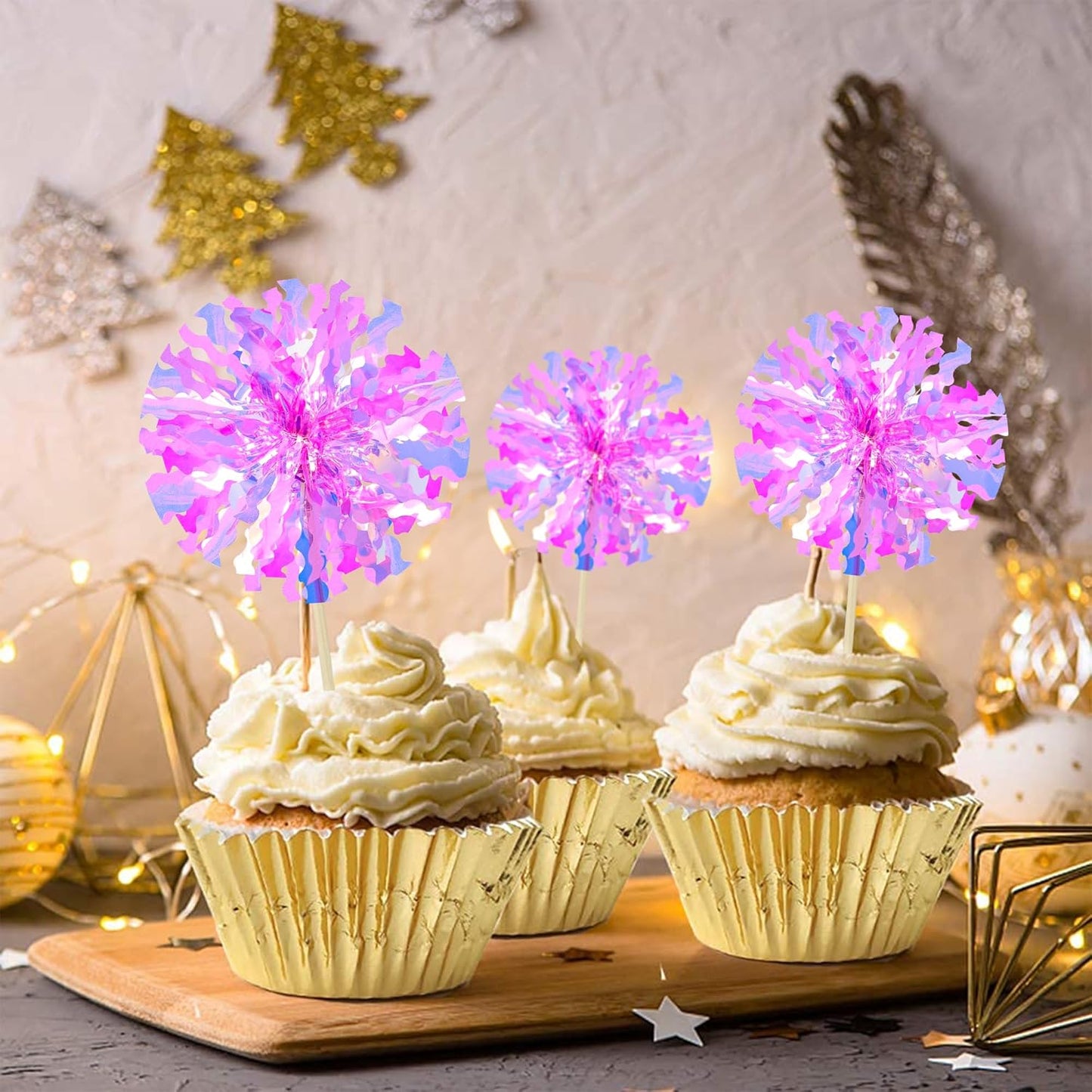 Ephlyn 30Pcs Foil Firework Cupcake Toppers Happy Birthday Cake Toppers Tinsel Flower Drink Stirrers Cocktail Food Fruit Toothpicks for Valentine's Day Party Decorations Rose Red