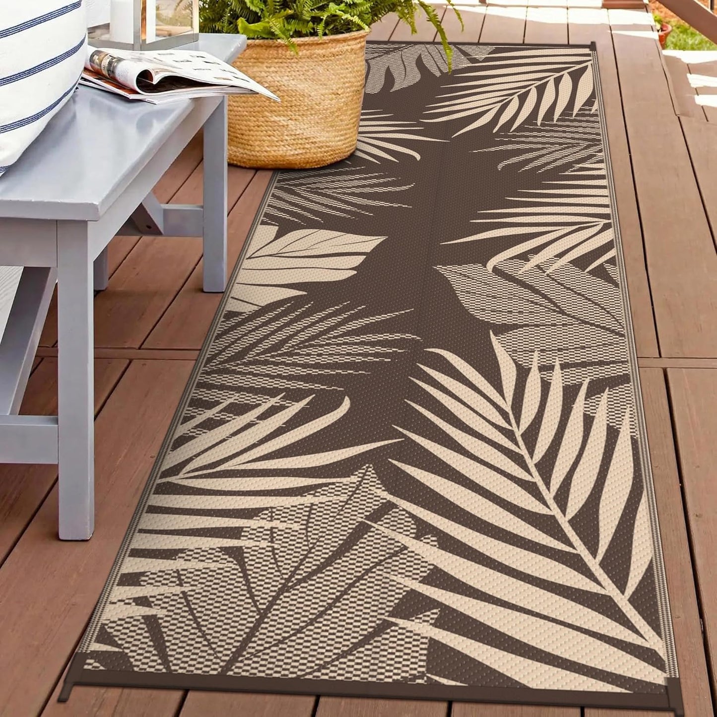 GENIMO Outdoor Rug 2.5' x 8' Waterproof for Patios Clearance, Reversible Outdoor Plastic Straw Camping Rug Carpet, Large Area Rugs Mats for RV, Camper, Deck, Balcony, Porch, Beach, Coffee&Beige