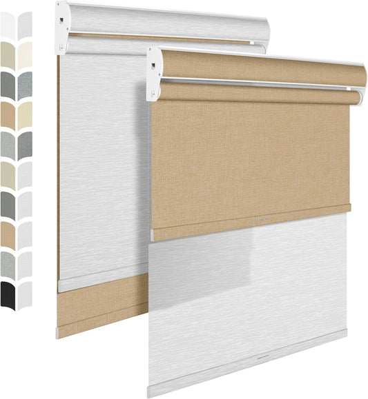 BERISSA Cordless Dual Roller Shades with Cassette Valance, Double Window Shades Blackout and Light Filtering, Day and Night for Home Office Door. Linen Beige and White. 70 W x 86" H
