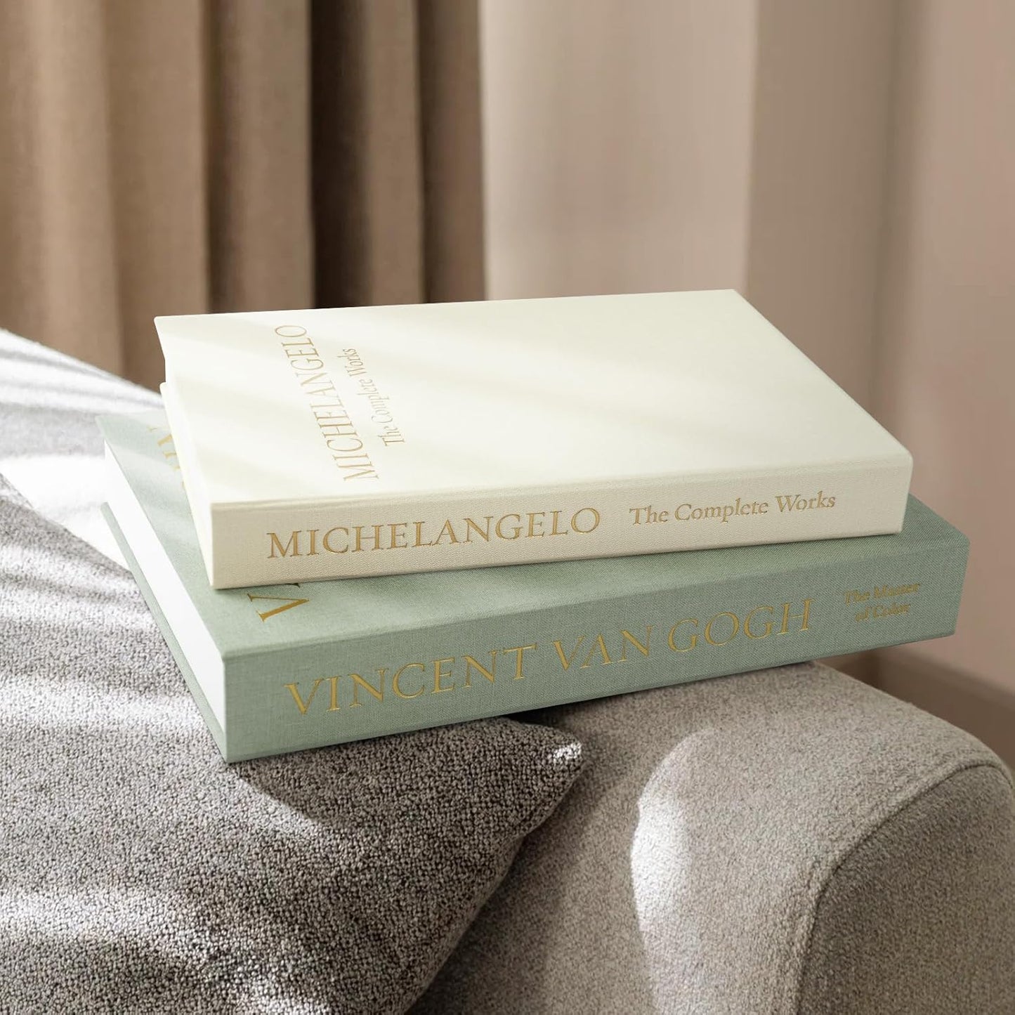 Aesthetic Decorative Books -Set of 2 Minimalist Linen Hardcover Faux/Fake Books for Coffee Table Home Decor Living Room Decoration, Photo Storage or as a Keepsake Box(Sage-beige-artist)