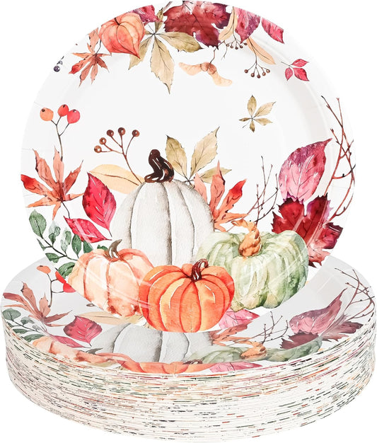 AllReal Fall Pumpkins Paper Plates Rustic Pumpkin Leaves Disposable Party Plate 7" Thanksgiving Autumn Dessert Plate for Birthday Baby Shower Party Supplies Table Decor (48)