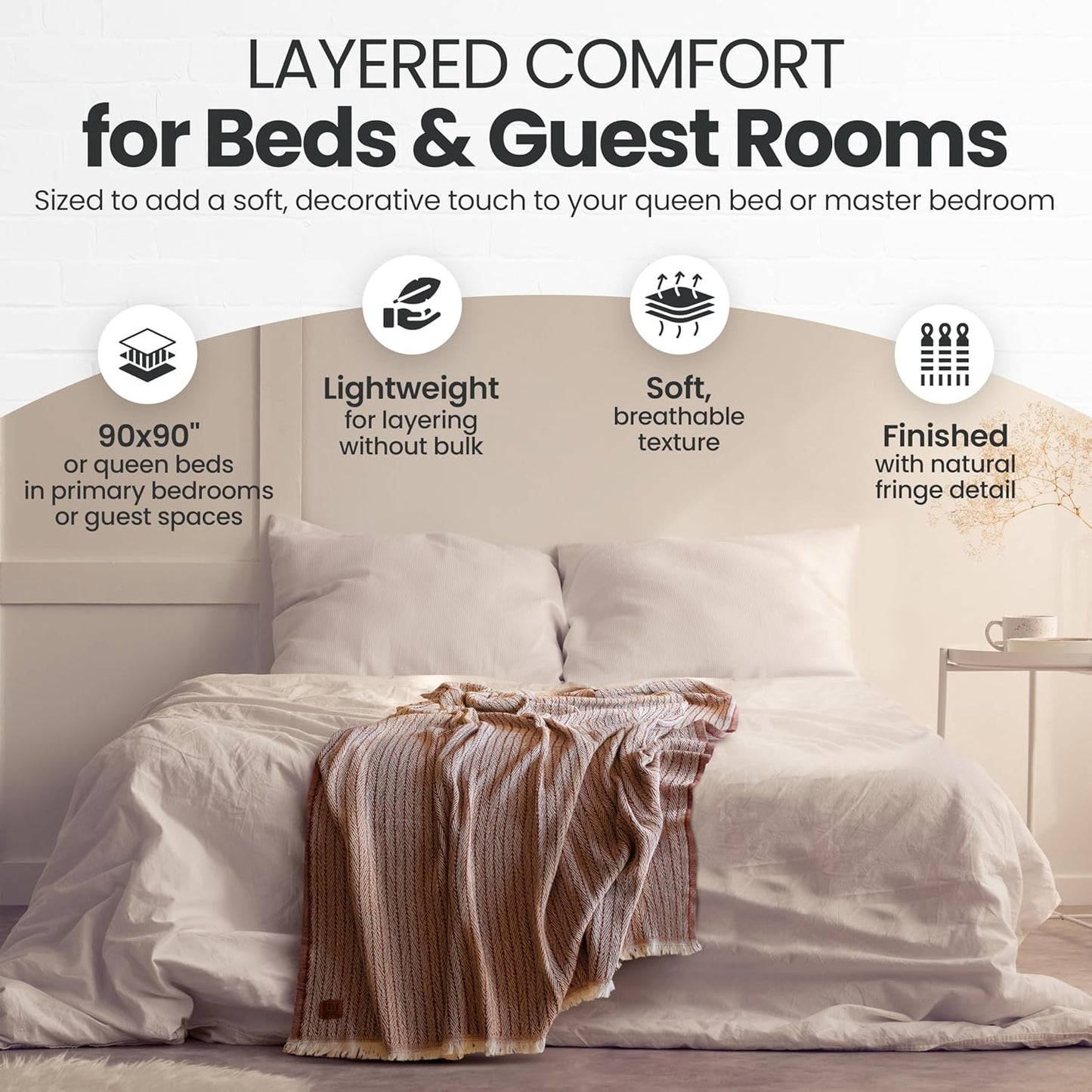 Gold Case Throw Blanket for Bed – 100% Recycled Turkish Cotton Bed Blanket – Decorative Throw Cotton Blankets for Living Room & Bedroom – Elegant Beige Woven Queen Blankets – 90x90