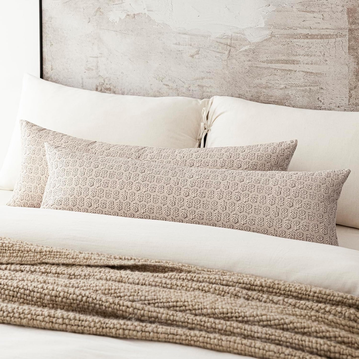 Foindtower Set of 2 Decorative Long Body Lumbar Throw Pillow Covers Vintage Accent Farmhouse Cushion Covers Neutral Home Decor for Sofa Couch Chair Bedroom Living Room Outdoor,14×36 Inch,Ivory Beige