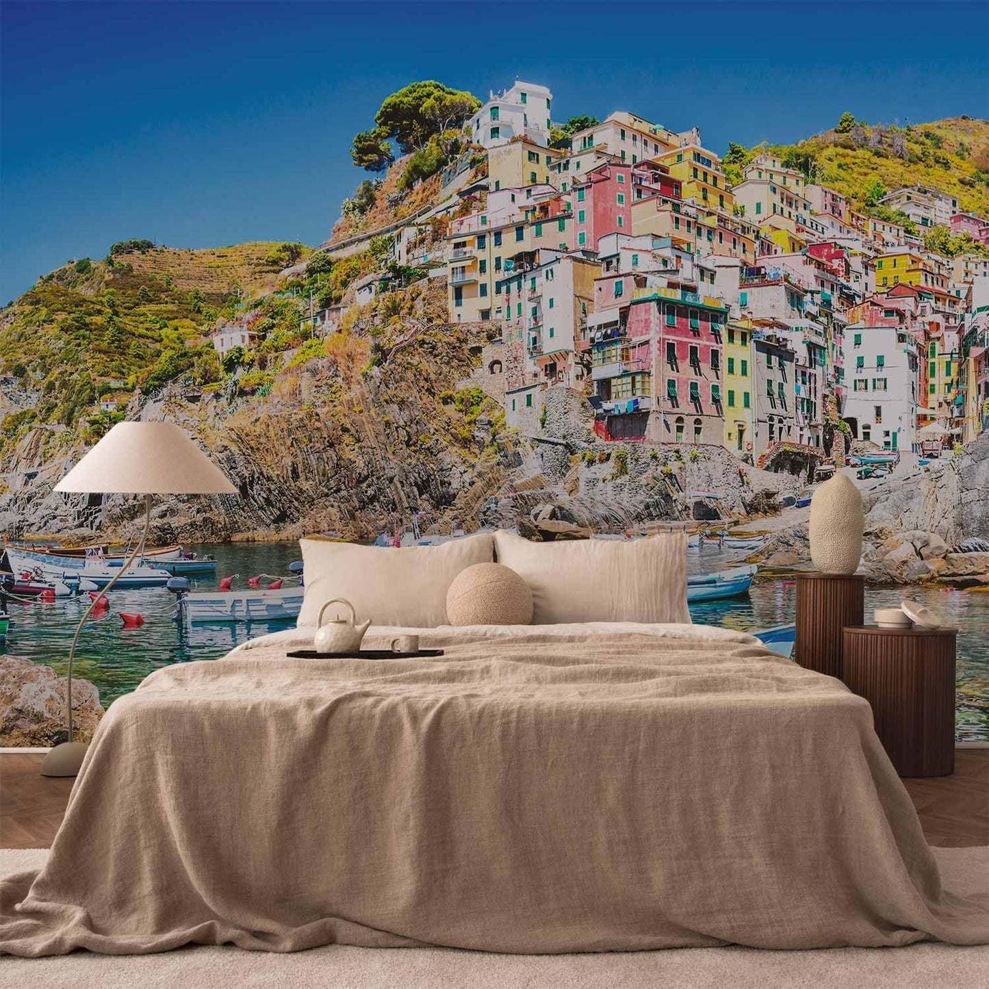 artgeist Premium Wall Mural Architecture 216x98 in - Non-Woven Photo Wallpaper Art Print Fleece Wall Mural Decoration Poster Picture Design City Sea Boat Like Painted d-B-0296-a-a