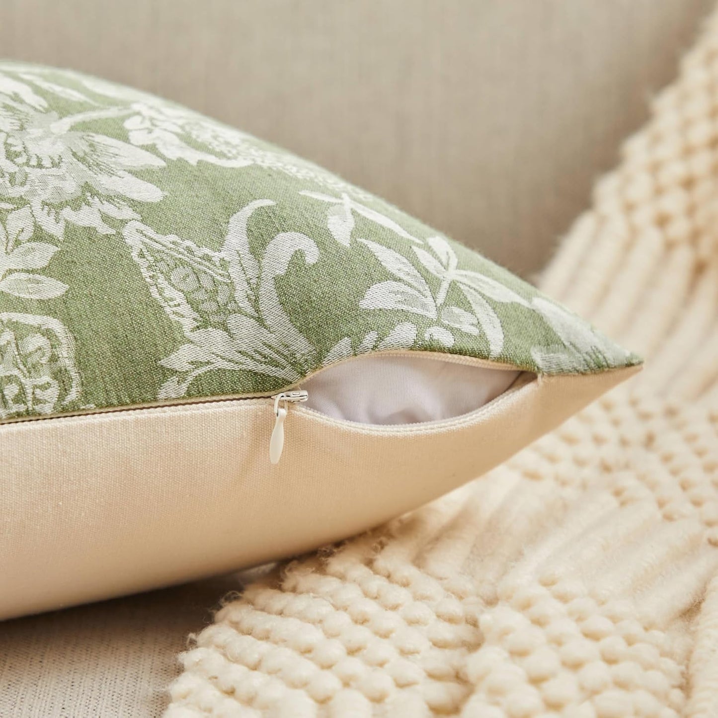 Floral Jacquard Throw Pillow Covers Set of 2, Background/Green 20x20 Inch, Farmhouse Decorative Cotton Sage Green Cushion Covers for Sofa Bed Living Room Home Decor