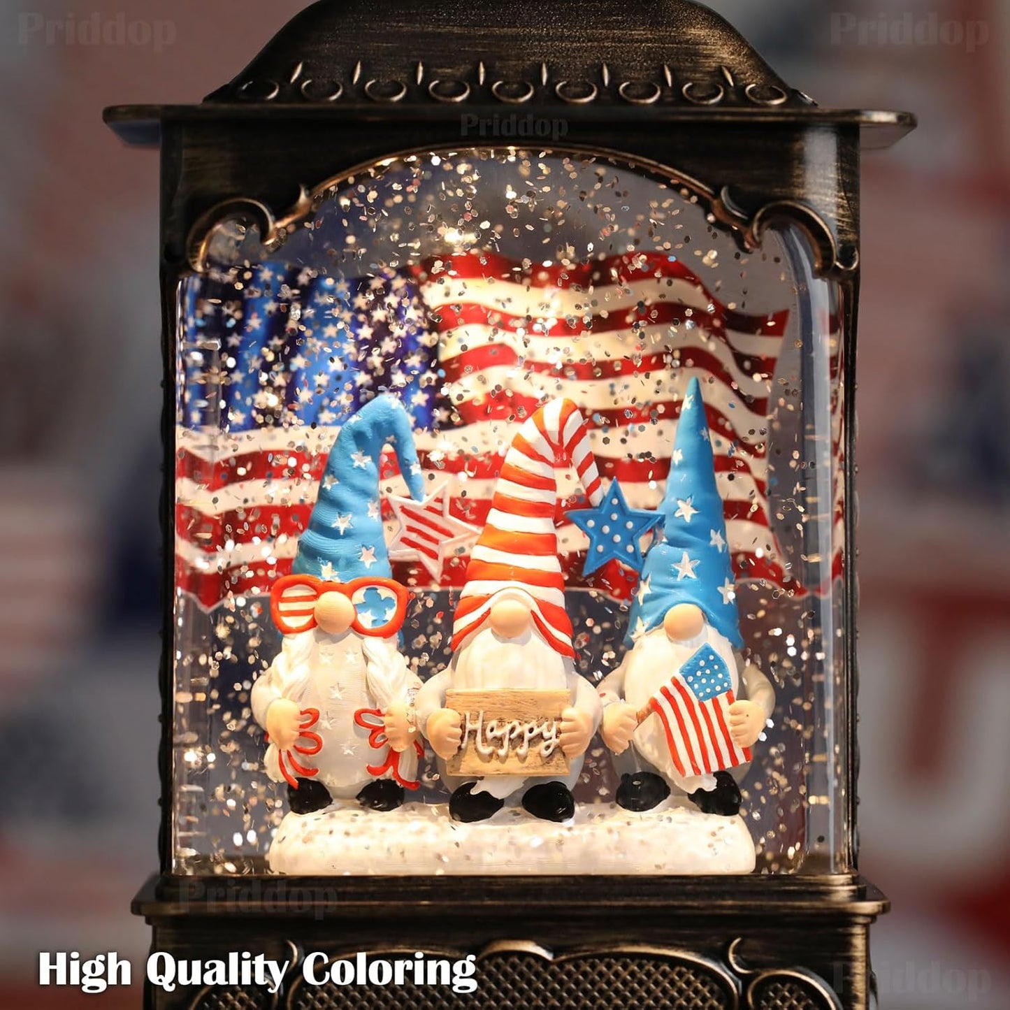 Gnome Snow Globe Lantern 4th of July Decorations with Timer, USB and Battery Powered 4th of July Shirts Patriotic Gnomes and American Flag Independence Day 10.2 inch