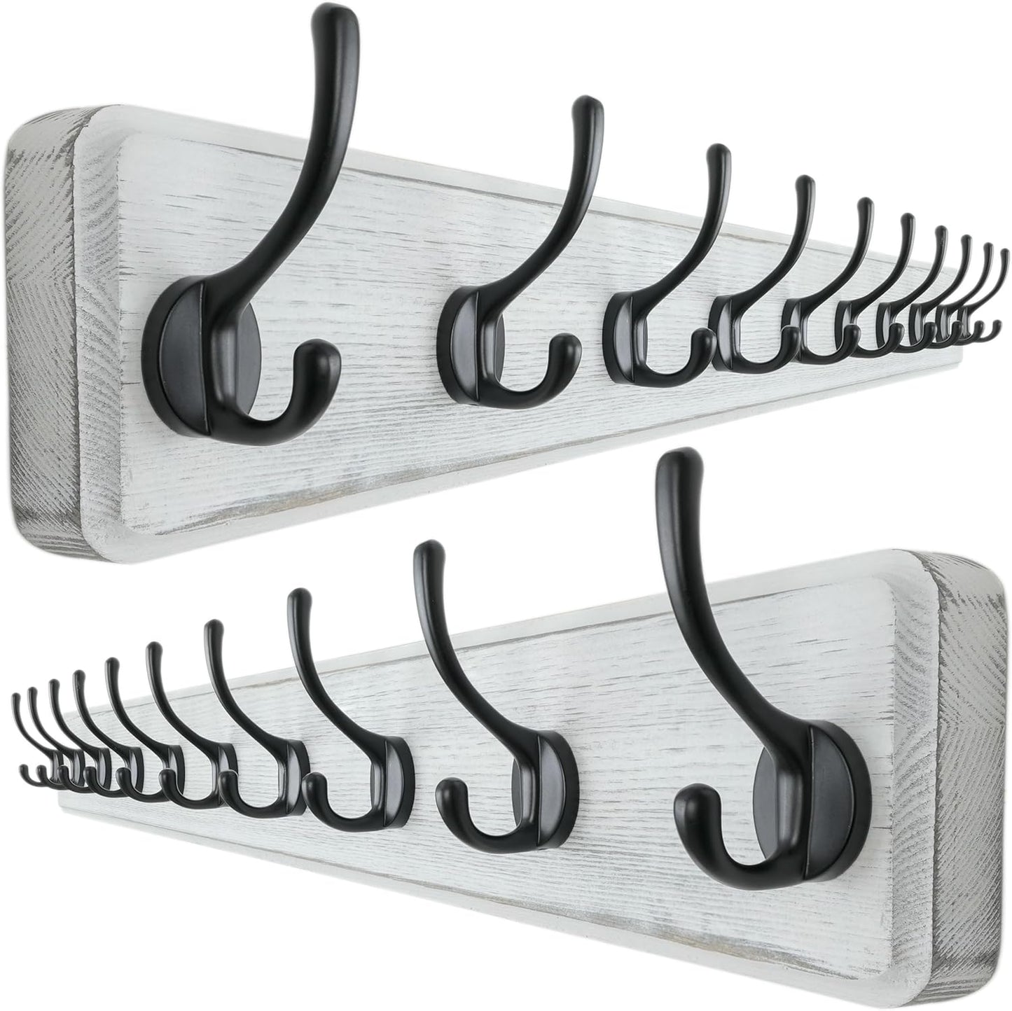 Dseap Wall Mounted Coat Rack: 38-1/4" Long, Patented, Heavy-Duty, 10-Double-Hooks Wooden Hanger Rail for Winter Coats, Hat, Jacket, Clothing - White & Black, Pack of 2