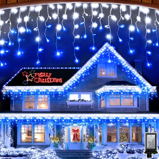 792 LED Christma Lights with 176 Drops, 82ft Outdoor Hanging lights with 8 Modes & Timer Memory, Outsite Waterproof Curtain String Lights for Front House Fence Tree Holiday Decorations Blue & White