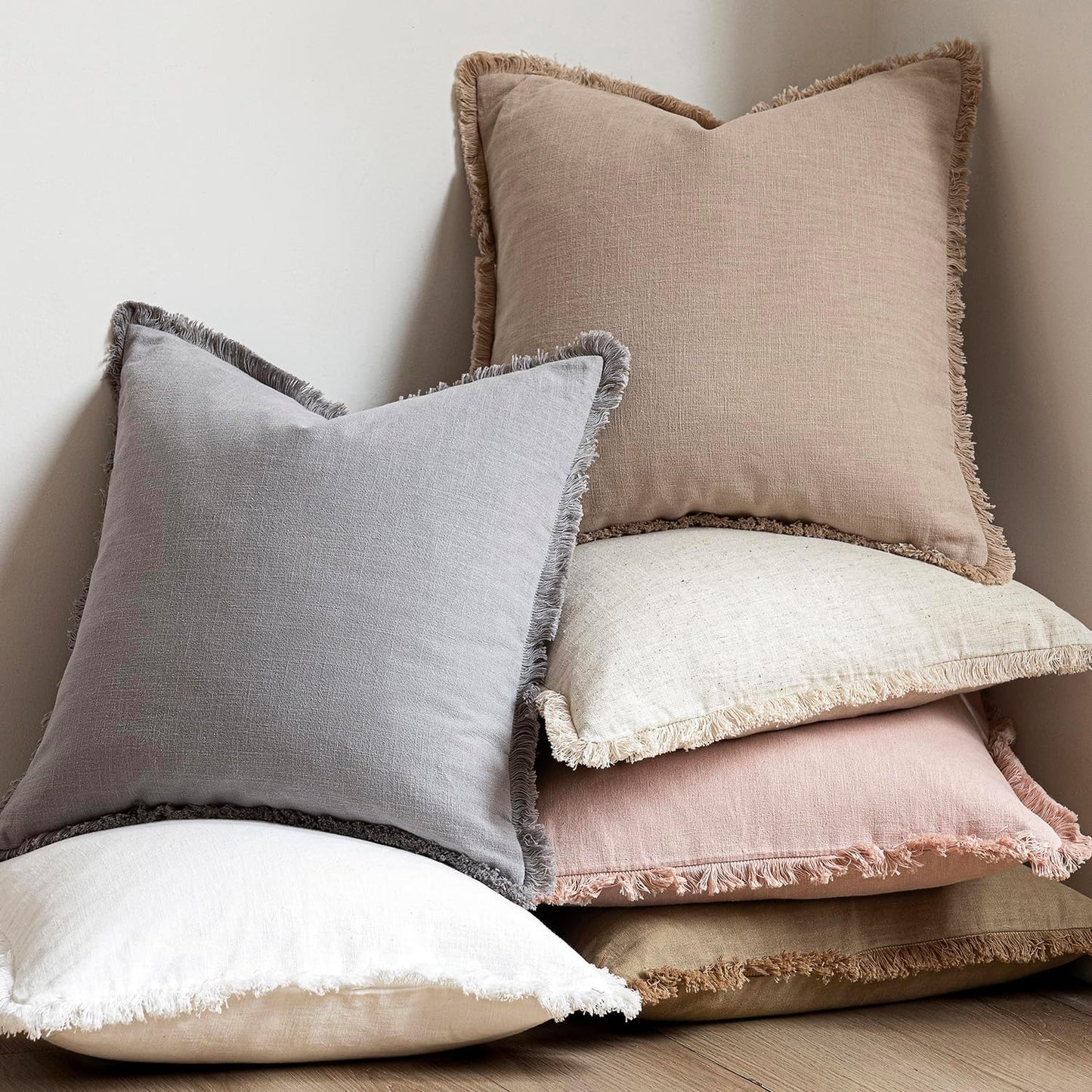 Foindtower Set of 2 Decorative Linen Fringe Lumbar Throw Pillow Covers Boho Farmhouse Cushion Cover with Tassels Soft Accent Pillowcase for Couch Sofa Bed Living Room Home Decor,12×20 Inch,Tan Beige