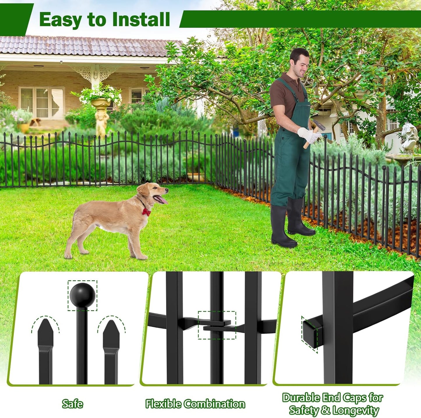 10 Panels No Dig Garden Fence - 24in H x 22.5ft L, Reinforced Square Tube Rustproof Metal Animal Barrier for Dogs & Rabbits, Outdoor Decorative Border Fencing for Yards & Gardens