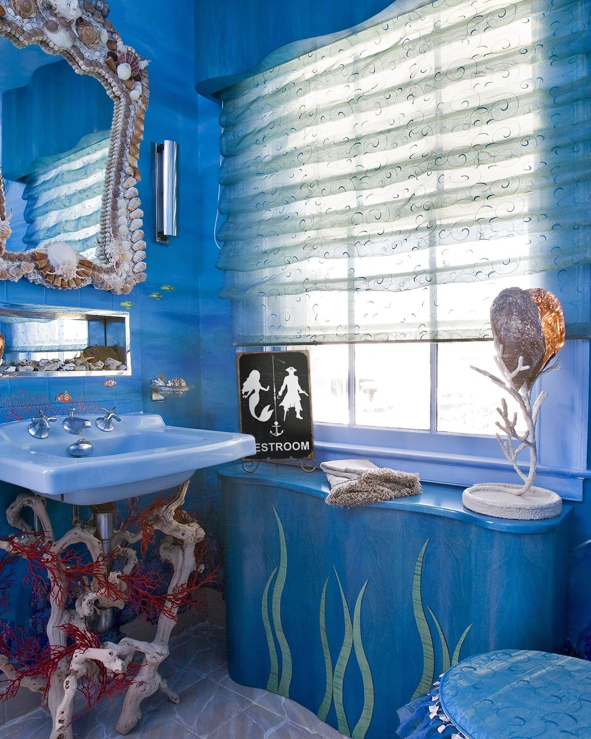 ALKB Nautical Themed Vintage Restroom Door Sign Fun Mermaid and Pirate Sign Suitable for Ocean, Beach, Ship Themed Wall Decor 8x12 Inch