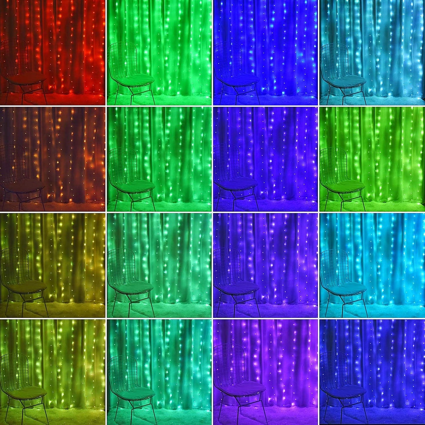 Fairy Curtain Lights - 16-Color Changing String Lights with Remote, 4 Lighting Modes, Ideal for Christmas, Weddings, Parties, Room Decor - Rainbow Backdrop