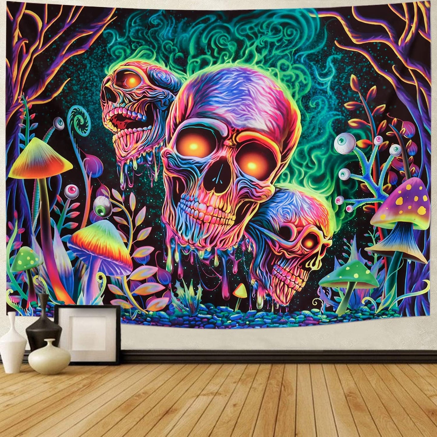 Amonercvita Blacklight Skull Tapestry Trippy Skeleton Wall Tapestries UV Reactive Neon Plants Trees Tapestries Aesthetic Galaxy Space Tapestry Wall Hanging for Bedroom Decor(W51.2×H59.1 inches)