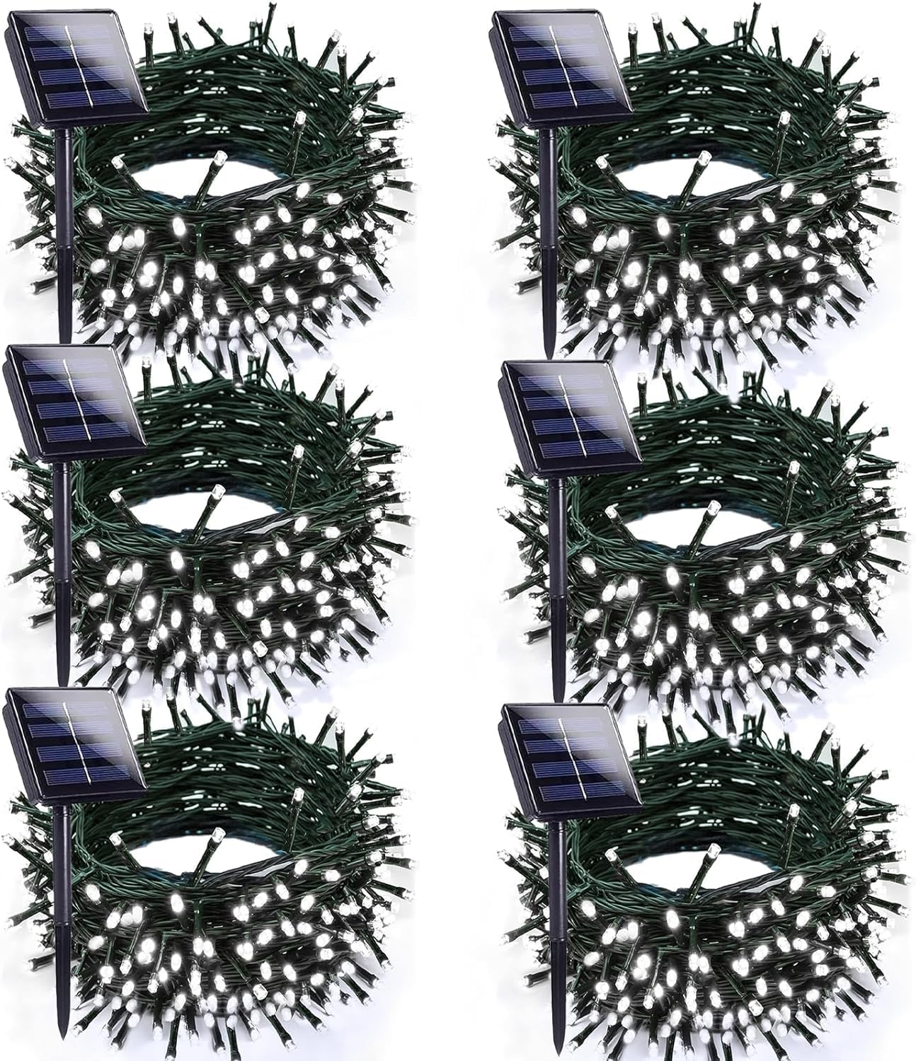 6pk Cool White Solar Christmas Lights Outdoor Waterproof, 600 LED 198FT Solar Powered LED String Lights Green Wire with 8 Modes, Solar Fairy Lights for Xmas Tree Party Wedding Garden Fence Decorations