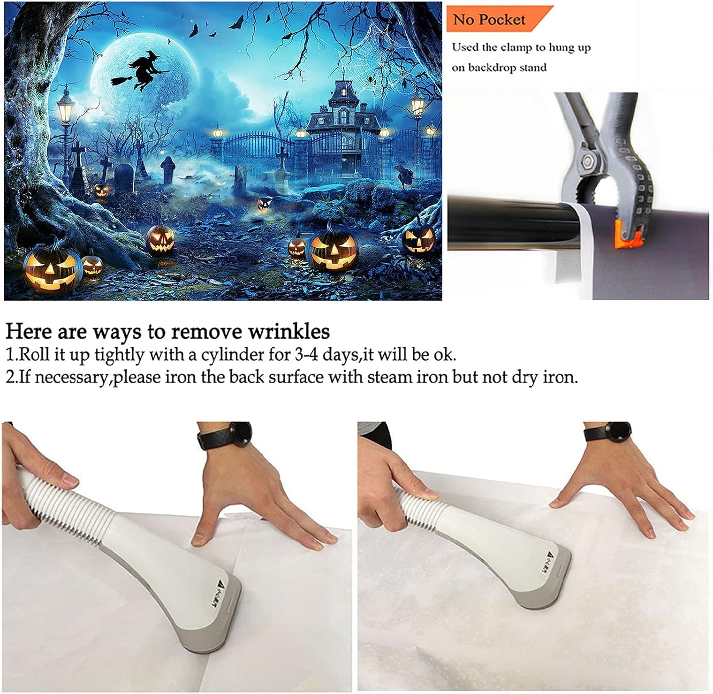 Avezano Halloween Photography Backdrop Full Moon Scary Night Castle Pumpkins Party Background Spooky Witch Bats Cemetery Child Kids Halloween Party Decorations Photoshoot Backdrops (10x7ft, Blue)