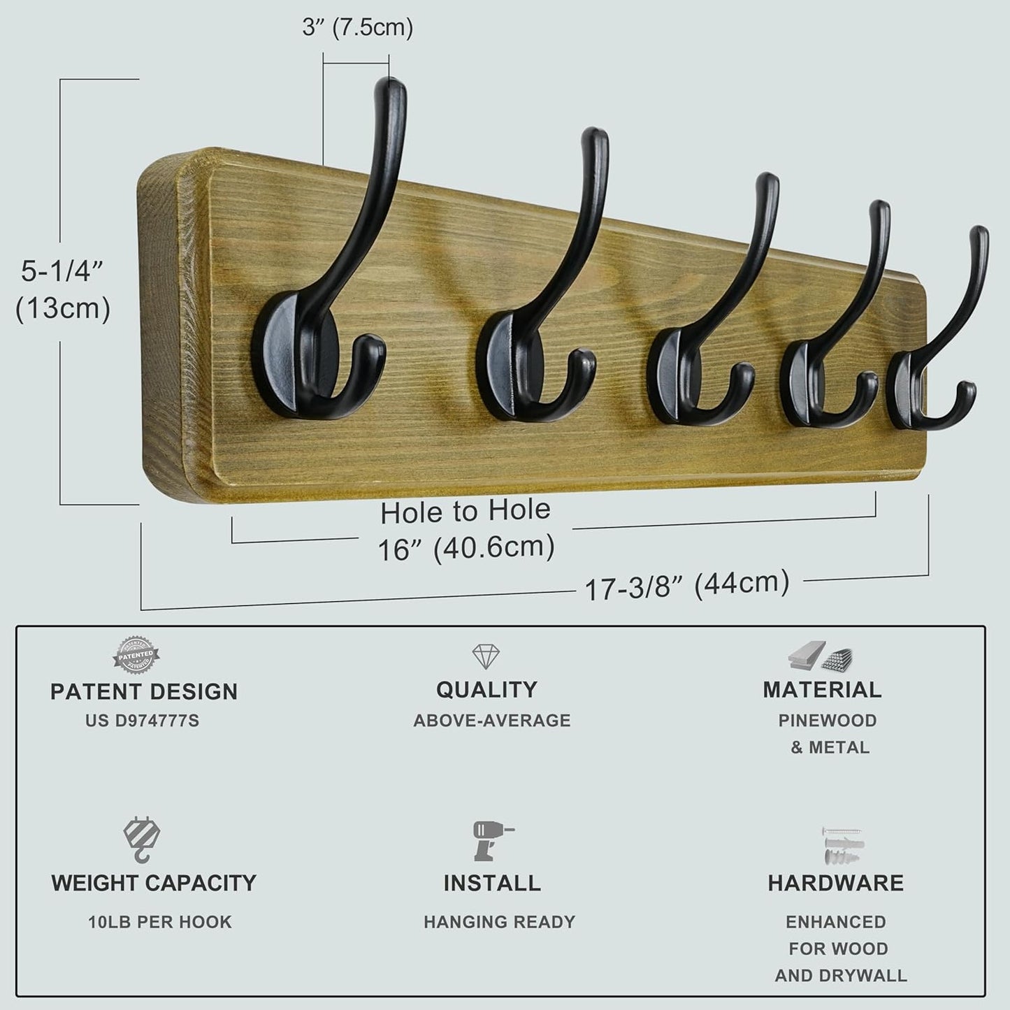 Dseap Coat Rack Wall: Patented, Heavy-Duty, 5-Double-Hooks Wooden Wall Mounted Coat Rack Coat Hanger Hook Rail for Winter Coats Hat Jacket Clothing, Weathered Green, Pack of 2