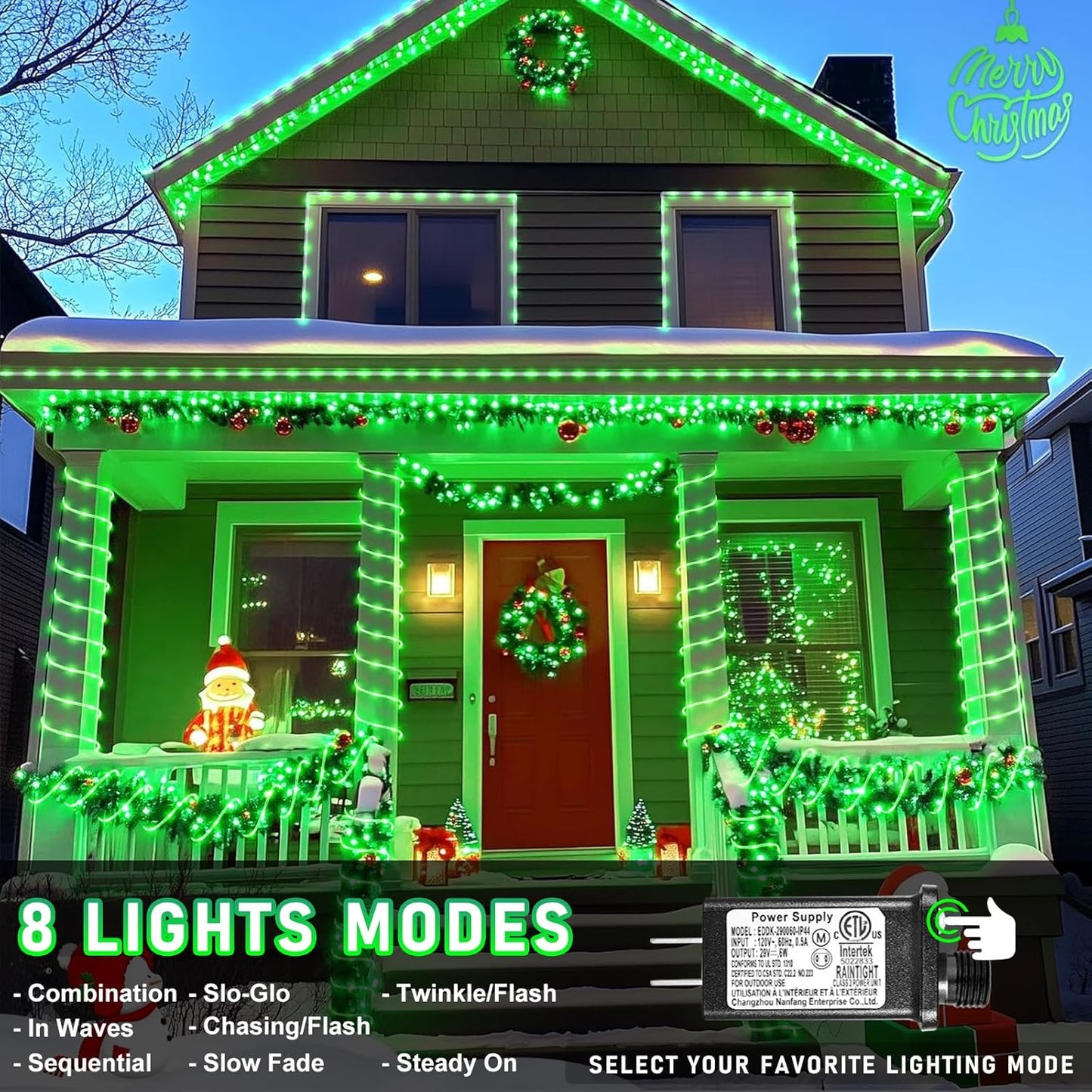 100FT 300 LED Rope Lights Outdoor, Plug in Christmas Rope Lights for Indoor with 8 Modes, Waterproof Connectable String Lights for Outside Patio, Deck, Garden, Pool, Stair, Camping Lighting - Green