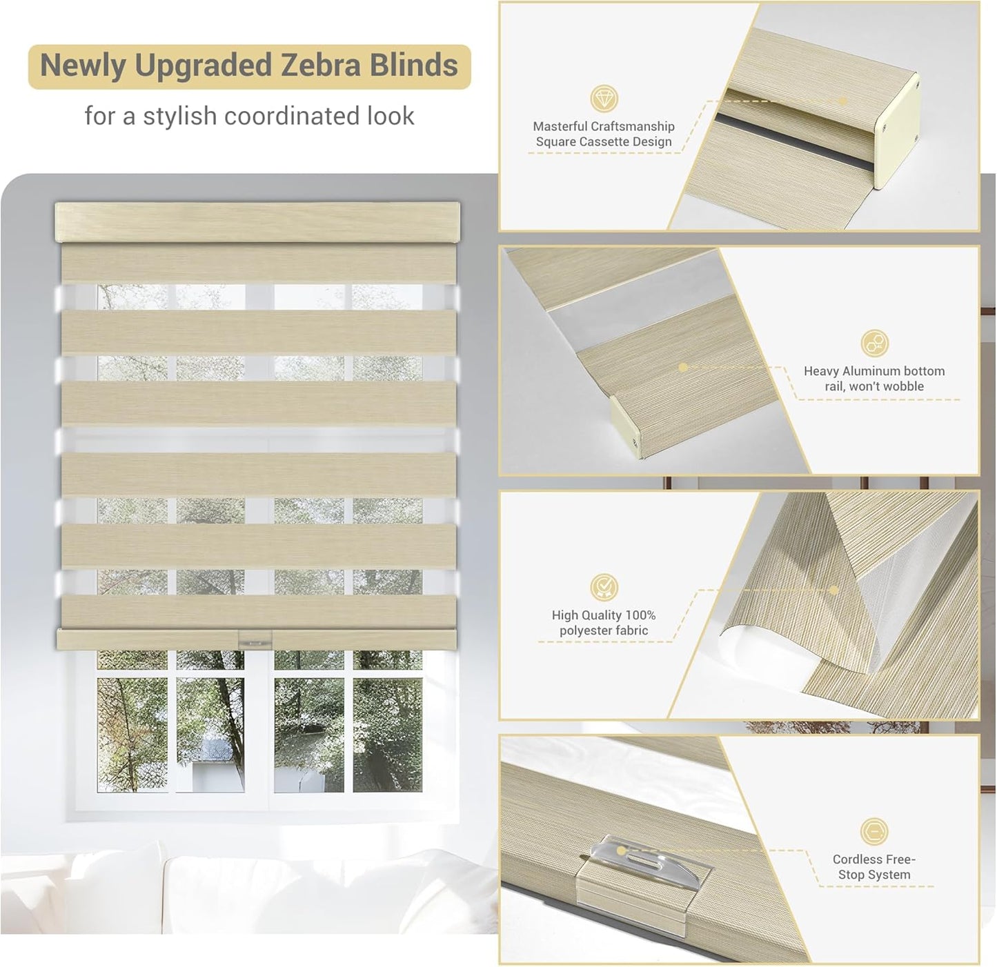 Cordless Zebra Blinds for Windows, Blackout Interior Blinds,Easy to Install,UV Protection,for Offices and Home,Custom Roller Shades, Mousse Beige,69" W x 36" H